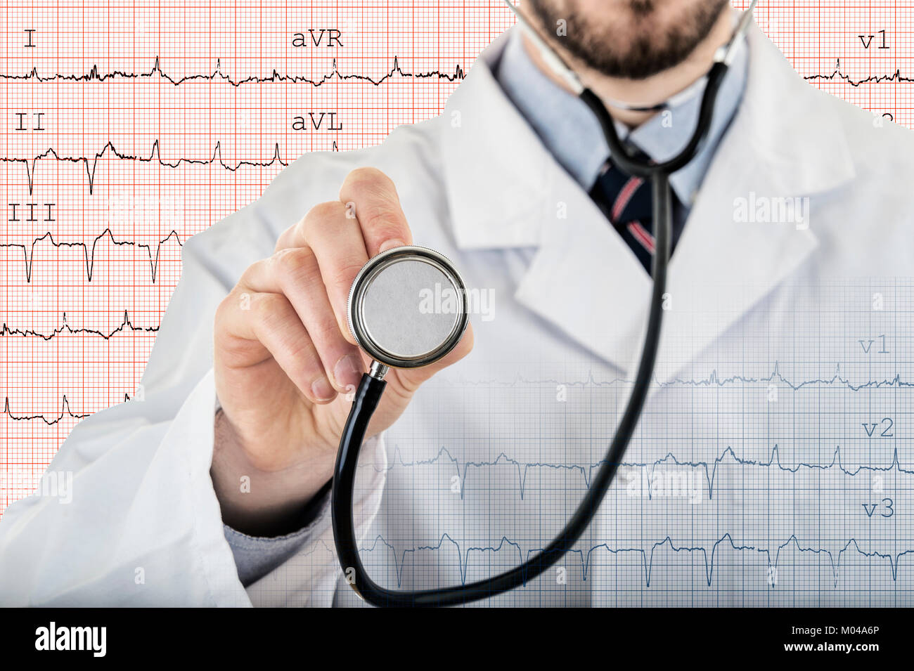 Male cardiologist doctor showing stethoscope for checkup with electrocardiogram in background Stock Photo
