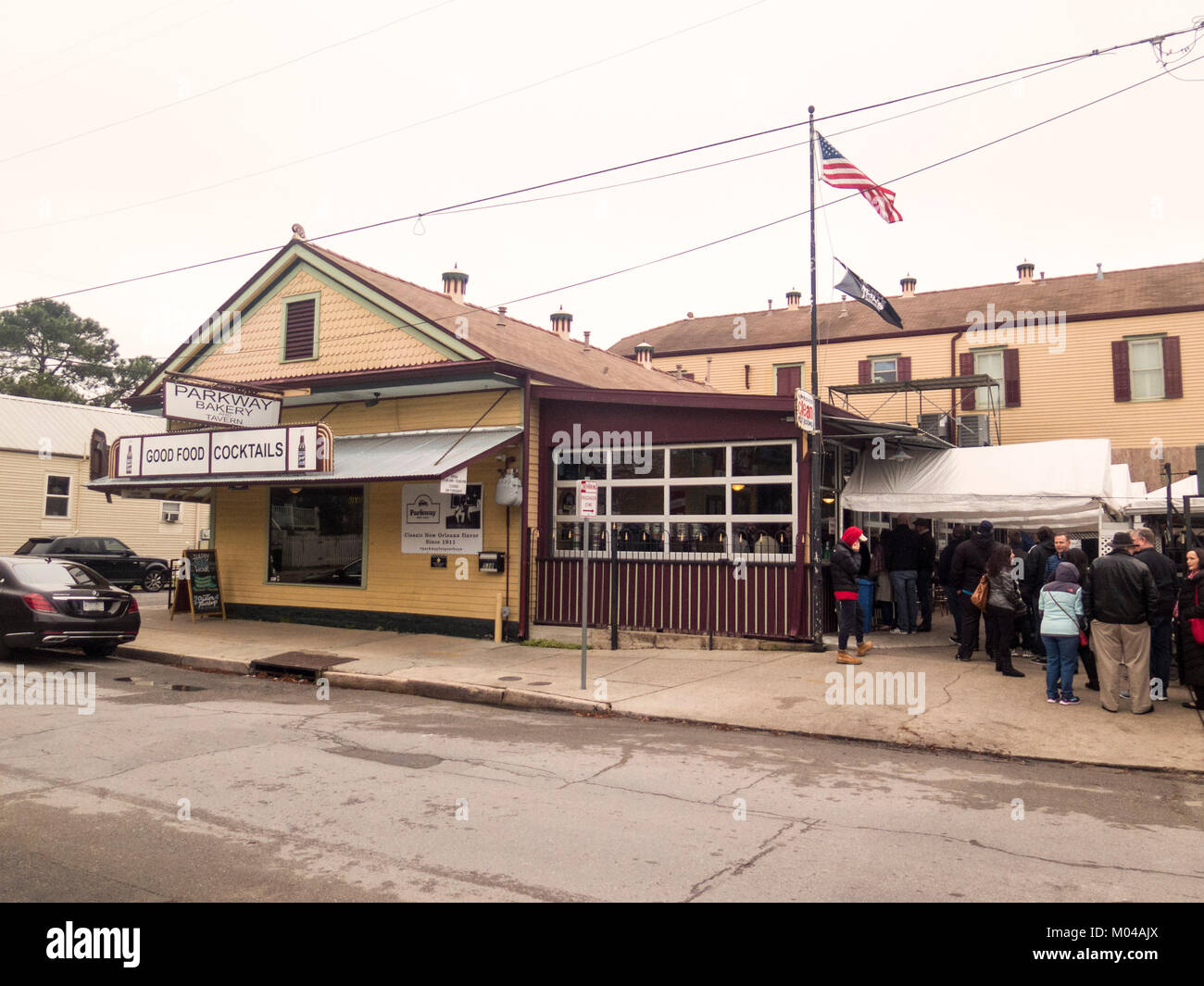 Customers wait on line at Parkway Bakery for poboy sandwiches. New Orleans Stock Photo