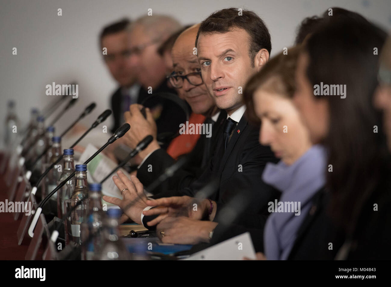 French President Emmanuel Macron at the Royal Military Academy Sandhurst, during UK-France summit talks. Stock Photo