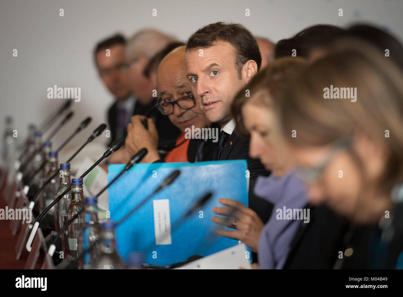 French President Emmanuel Macron at the Royal Military Academy Sandhurst, during UK-France summit talks. Stock Photo