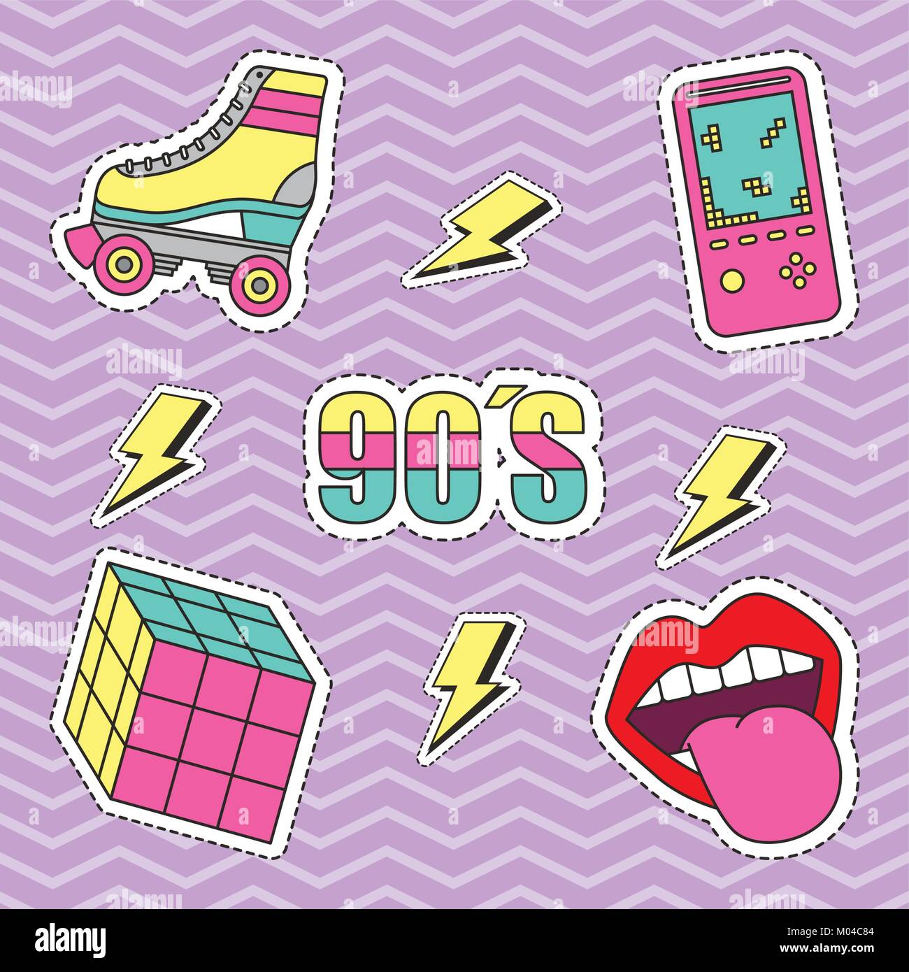 fashion 90s patches retro elements collection zig zag background Stock ...