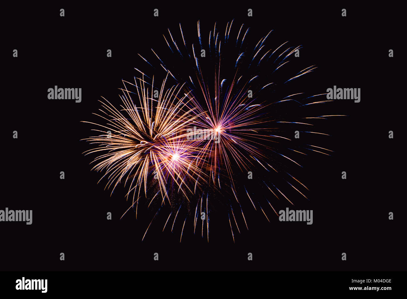 Colorful firework on the night sky. New Year celebration fireworks. Abstract firework isolated on the transition of blue and black background with fre Stock Photo