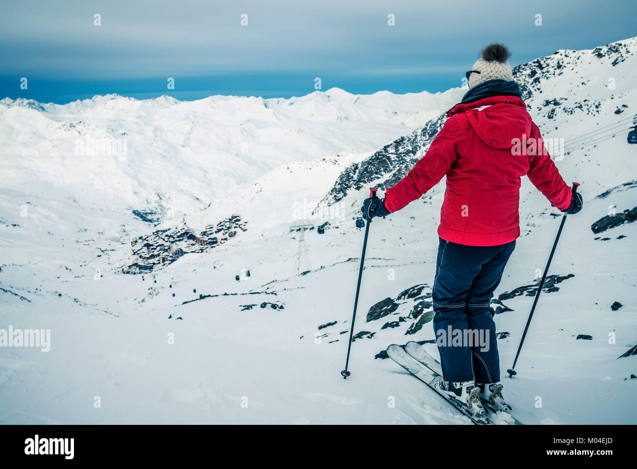 Panorama of Val Thorens with skier, Alps mountains, France Stock Photo