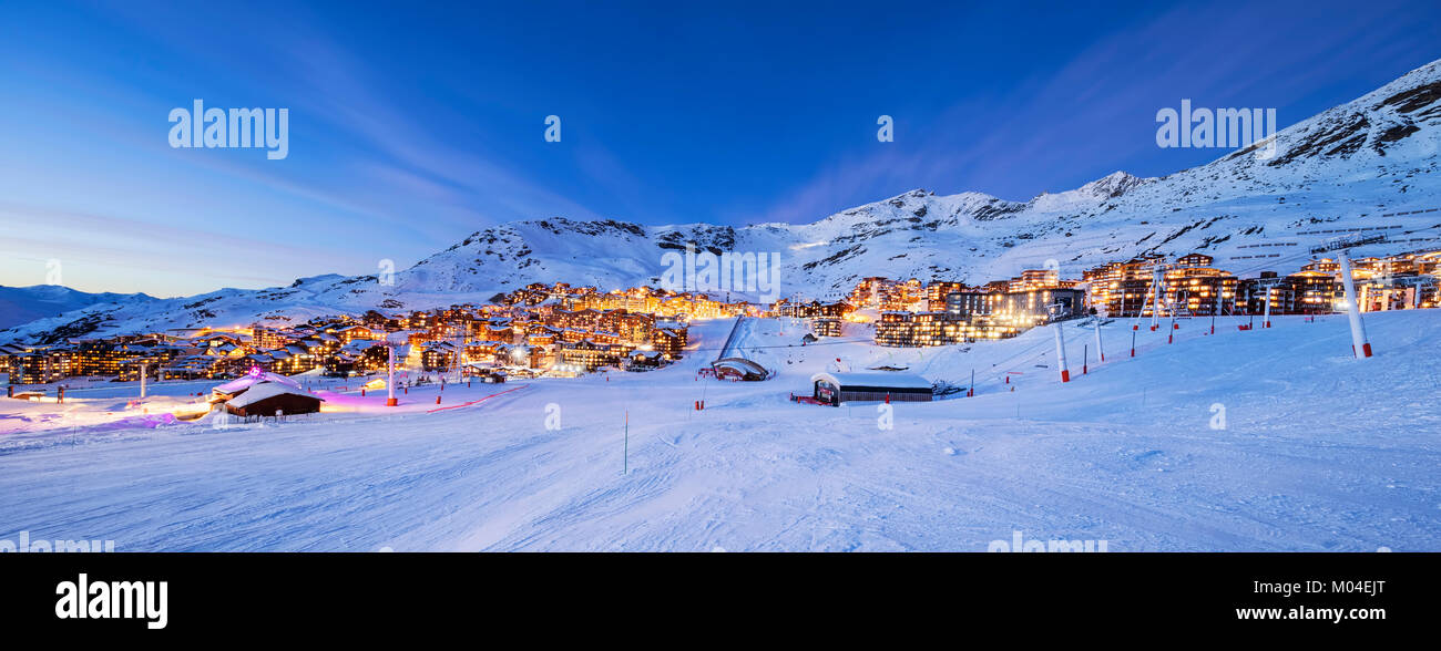 Panorama of Val Thorens by night, Alps mountains, France Stock Photo