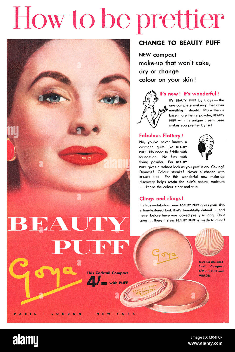 1956 British advertisement for Goya Beauty Puff compact makeup. Stock Photo