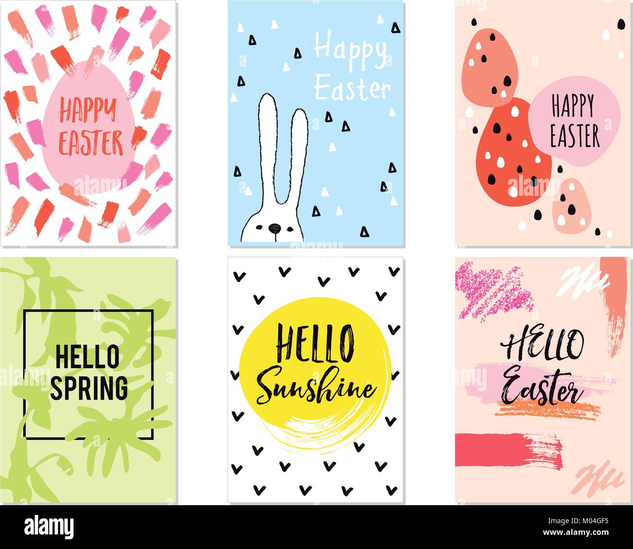 Modern, minimalist Easter cards with hand-drawn graphic design elements, vector set Stock Vector