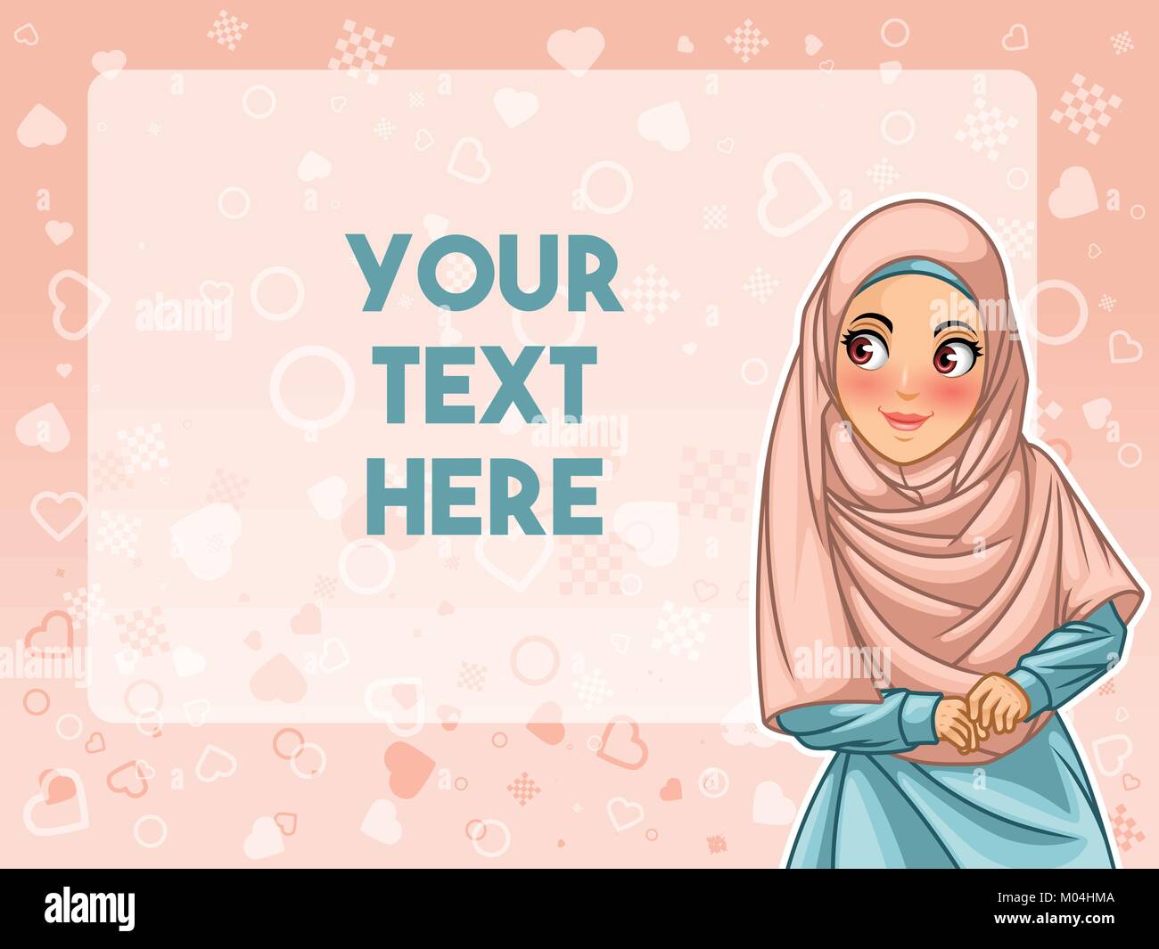 Muslim woman wearing hijab veil face looking an advertising, against pink background, vector illustration. Stock Vector
