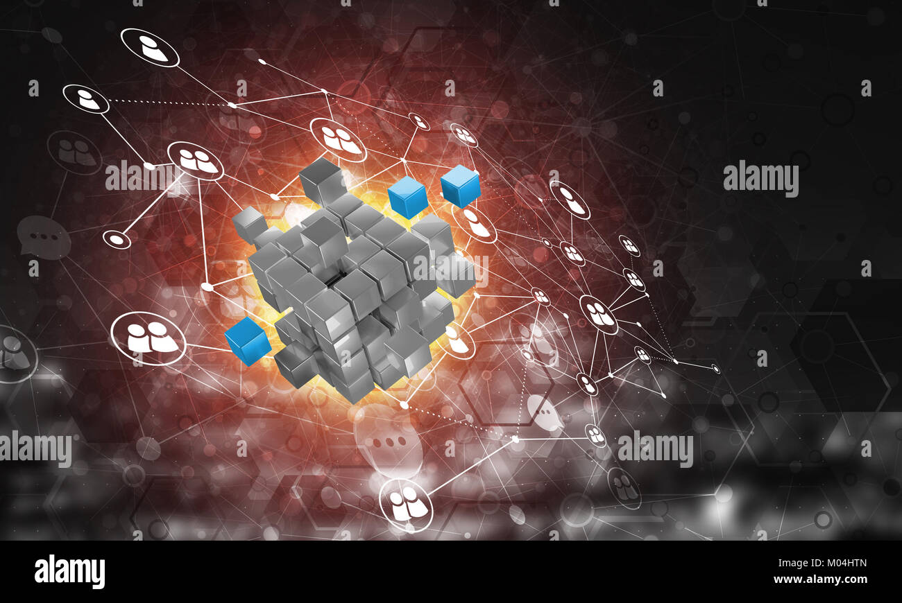 Concept of Internet and networking with digital cube figure on dark ...