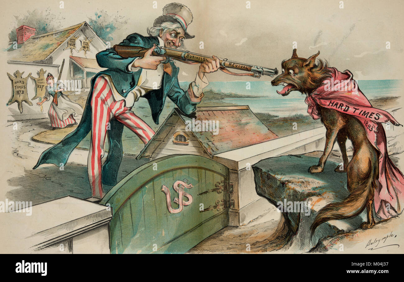 Another hide to be taken - Print shows a wolf wearing a red cape labeled 'Hard Times 1893', standing on a rock outside a gate labeled 'U.S.' with Uncle Sam standing inside the gate and pointing a rifle labeled 'Business Revival' at the wolf; hanging on the wall of a building in the background are hides labeled 'Hard Times 1819, Hard Times 1837, Hard Times 1857, and Hard Times 1873'. Columbia, carrying a rifle labeled 'Prosperity', is rushing to aid Uncle Sam. Political Cartoon, 1894 Stock Photo