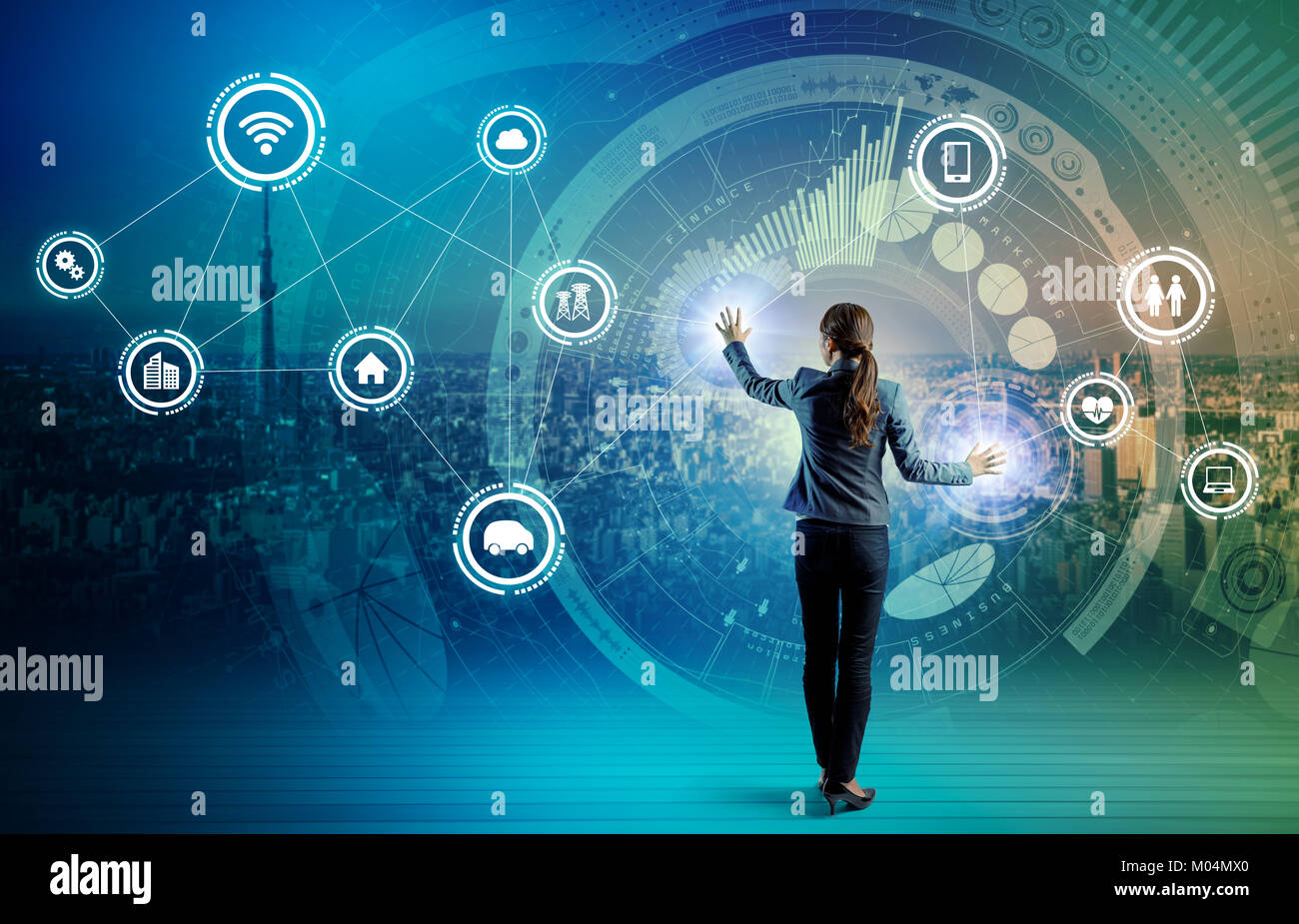 IoT(Internet of Things) concept. Fintech(Financial Technology). ICT(Information Communication Technology). Smart City. Digital Transportation. mixed m Stock Photo