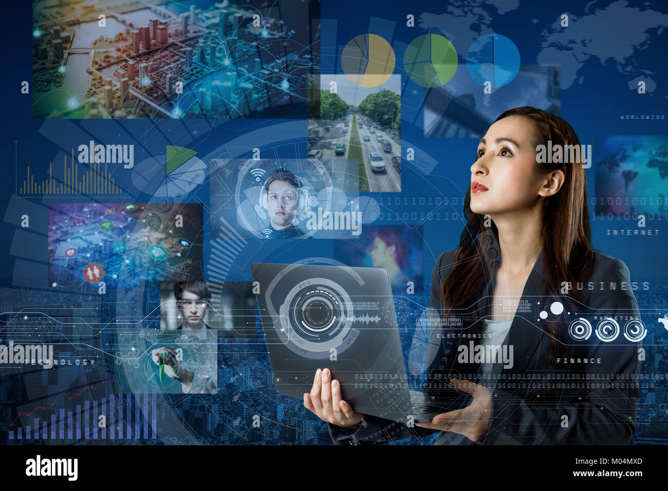 online curation media concept. electronic newspaper. young woman holding laptop PC and various news images. abstract mixed media. Stock Photo