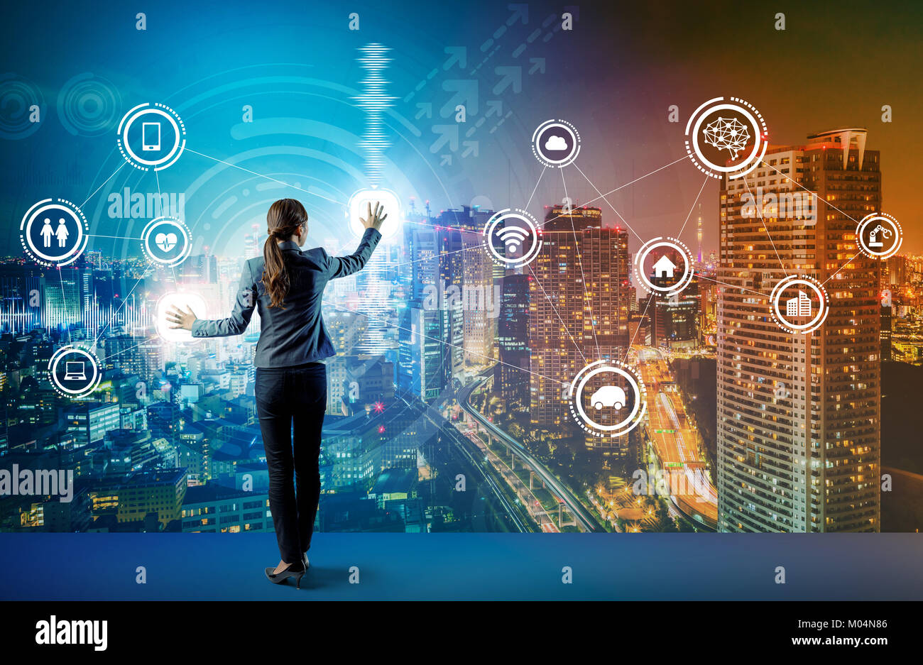 young business person and graphical user interface concept. Artificial Intelligence.  Internet of Things. Information Communication Technology. Smart Stock Photo