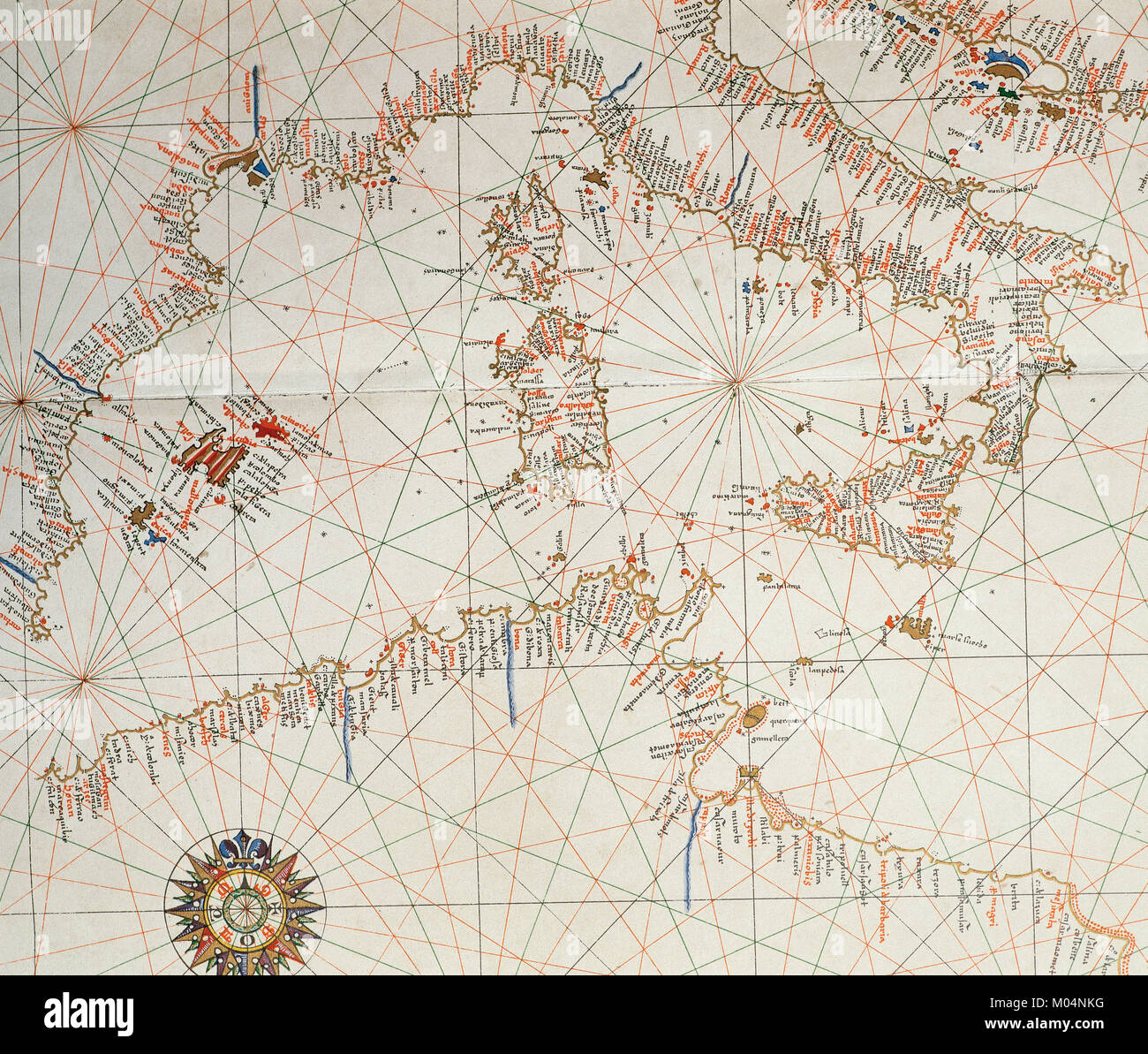 Nautical chart. Atlas of Joan Martines, 1587. Dedicated to Philip II. Mallorcan School. Detail: Western Medierranean. Stock Photo
