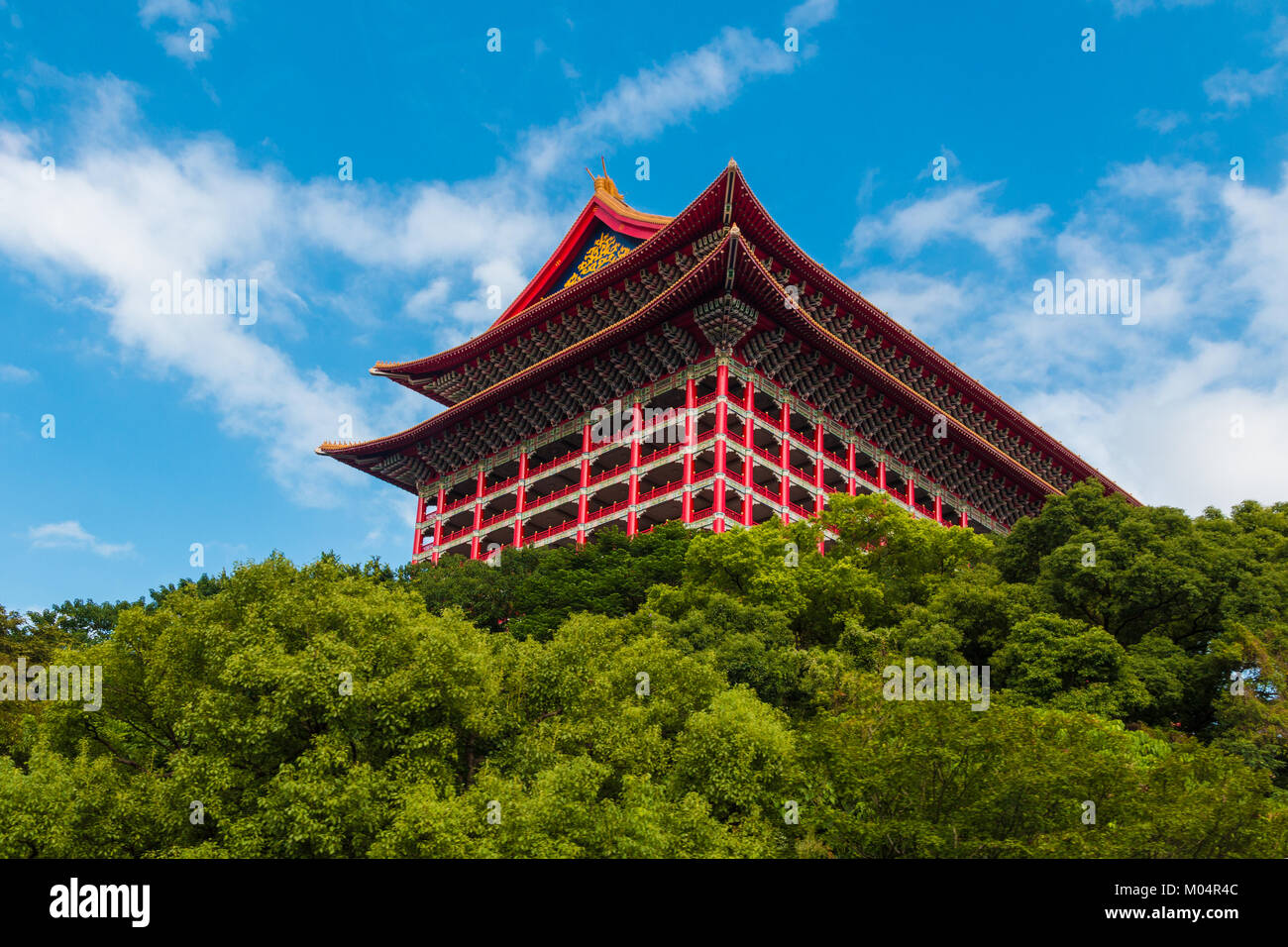 The iconic Grand Hotel or Yuanshan Great Hotel located at Yuan Hill in Taipei, Taiwan. Main focus in this photo is the Chinese architectural roof. Stock Photo