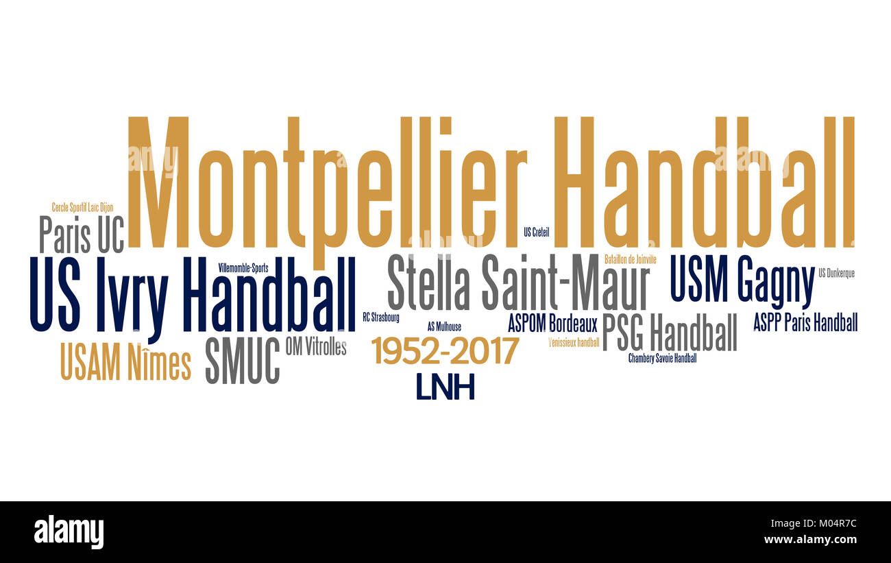 Handball related word cloud with French National Handball League winners from 1952 to 2017 on white background, font size for each team reflects the n Stock Photo