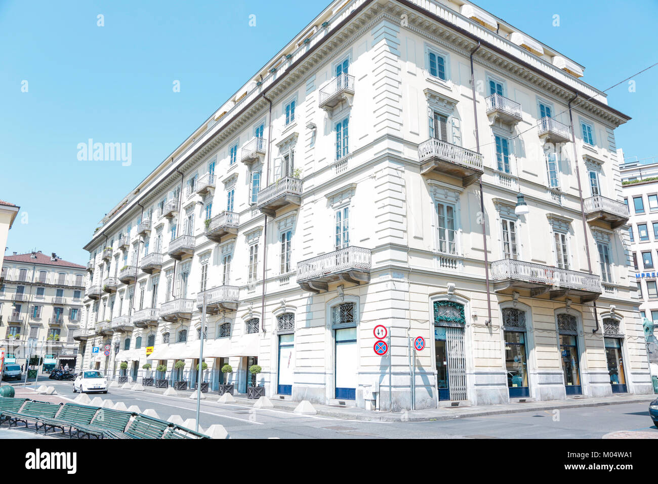 Turin, Italy: Conservatorio Giuseppe Verdi in Piazza Bodoni and historical palaces around via Mazzini n the city center, external view, in a sunny day Stock Photo