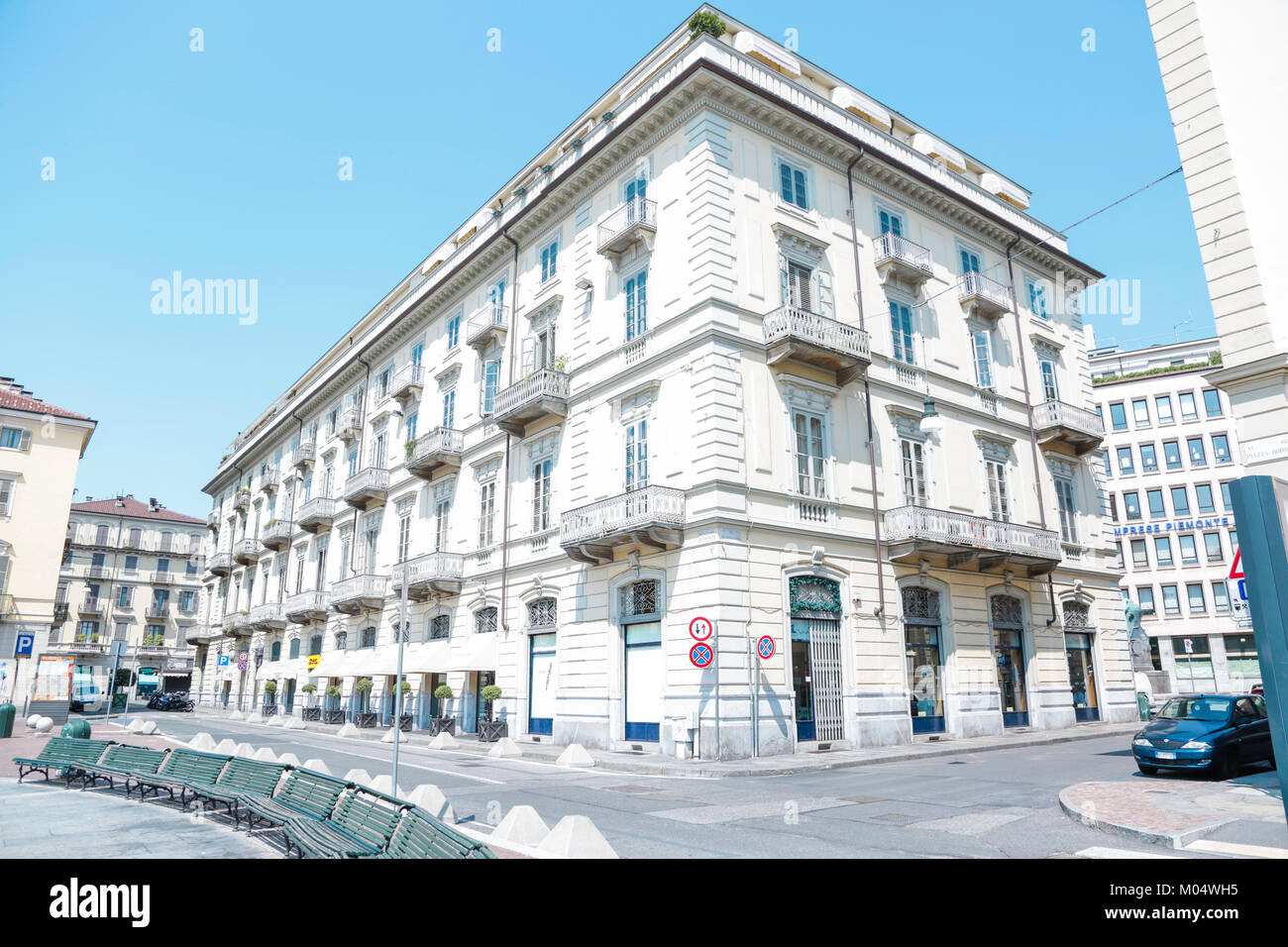 Turin, Italy: Conservatorio Giuseppe Verdi in Piazza Bodoni and historical palaces around via Mazzini n the city center, external view, in a sunny day Stock Photo