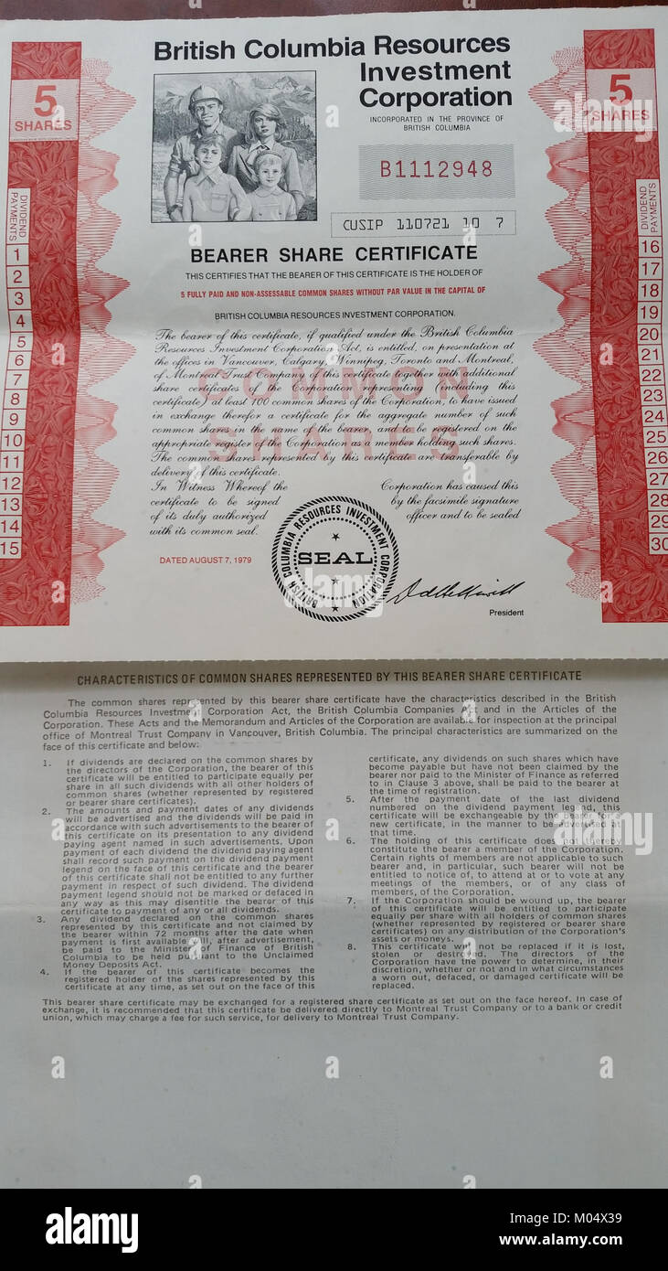 British Columbia Resources Investment Corporation Share certificate