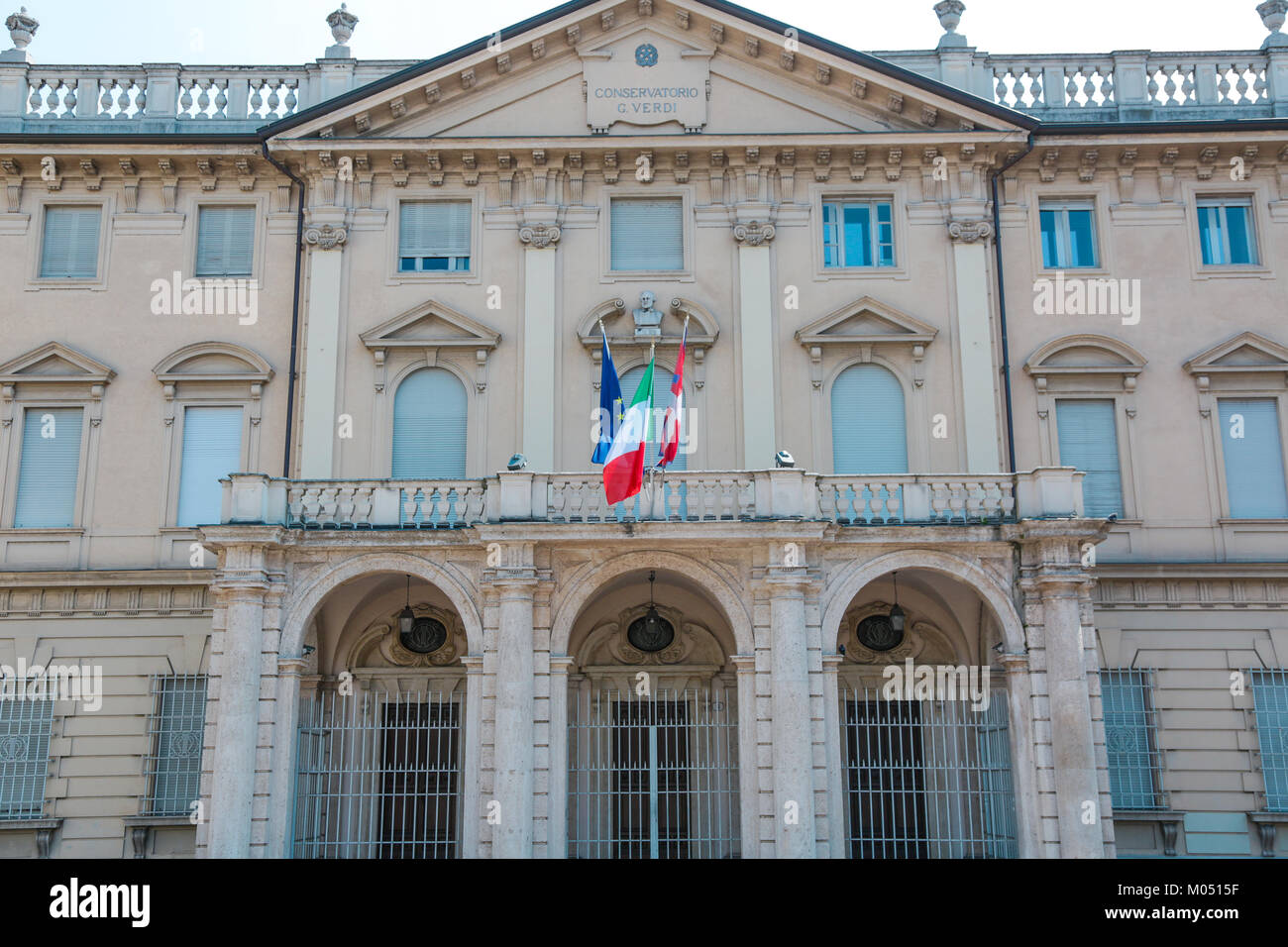 Turin, Italy: Conservatorio Giuseppe Verdi in Piazza Bodoni and historical palaces around via Mazzini n the city center, external view, in a sunny day Stock Photo