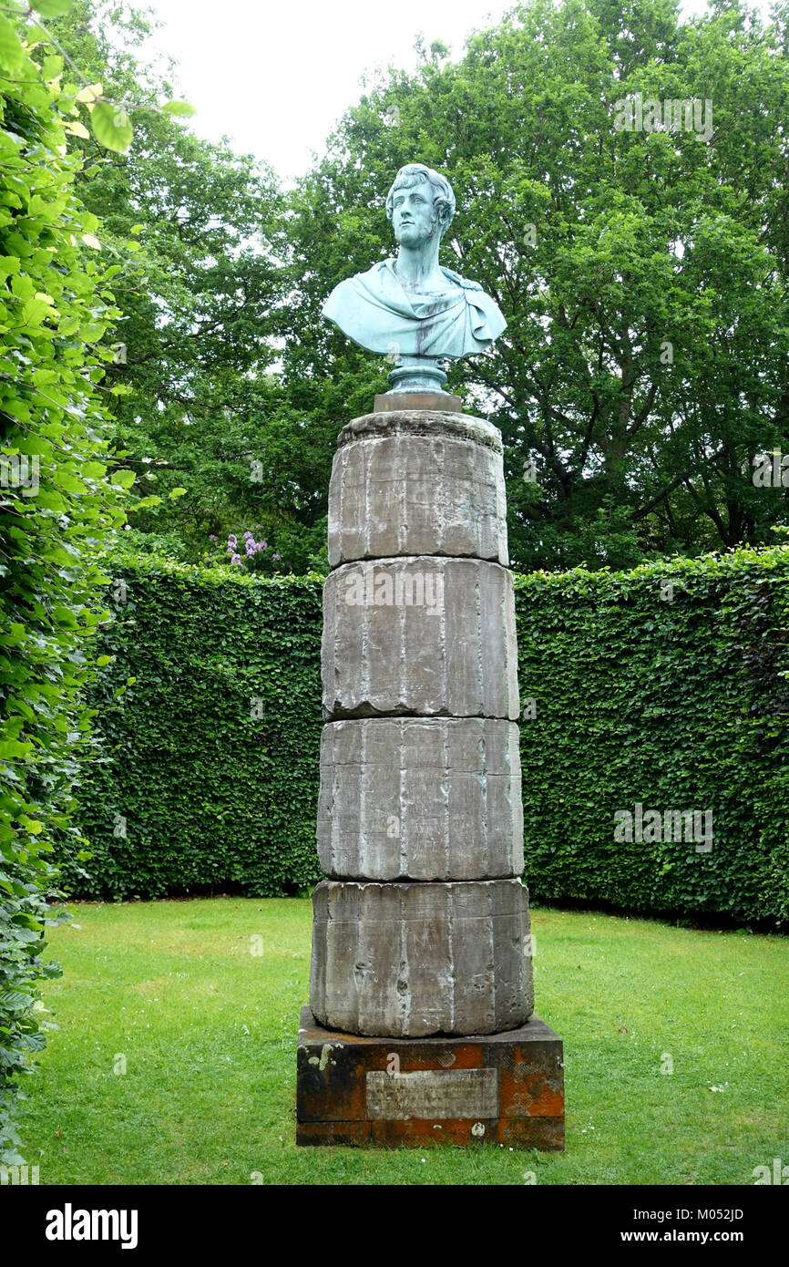 Bust of the 6th Duke of Devonshire, atop a column from the Temple Of Poseidon, Cape Sounion, with inscription by George Howard, 7th Earl of Carlisle - Chatsworth House - Derbyshire, England - DSC03588 Stock Photo