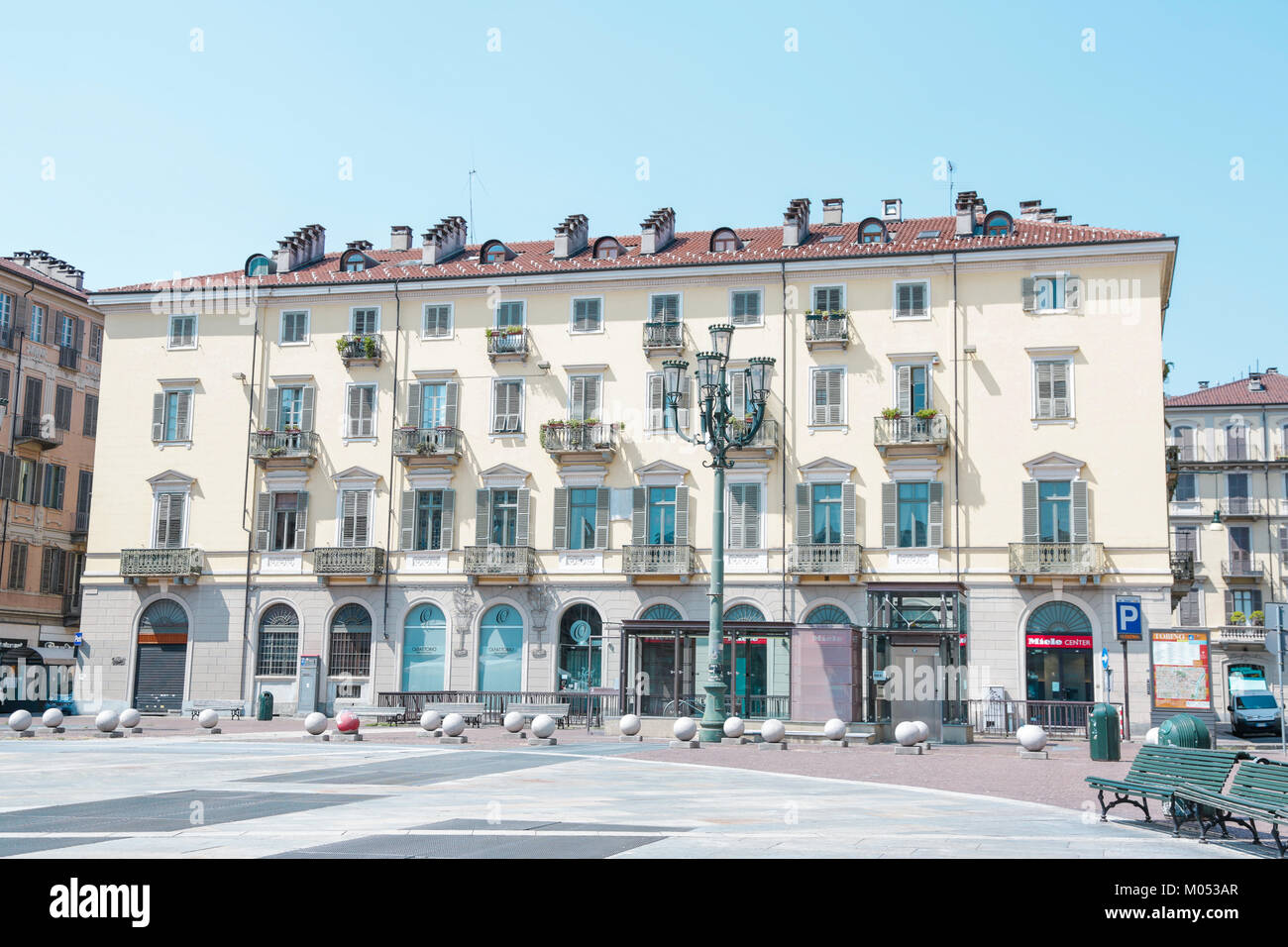 Turin, Italy: Conservatorio Giuseppe Verdi in Piazza Bodoni and historical palaces around via Mazzini n the city center, external view, in a sunny day Stock Photo