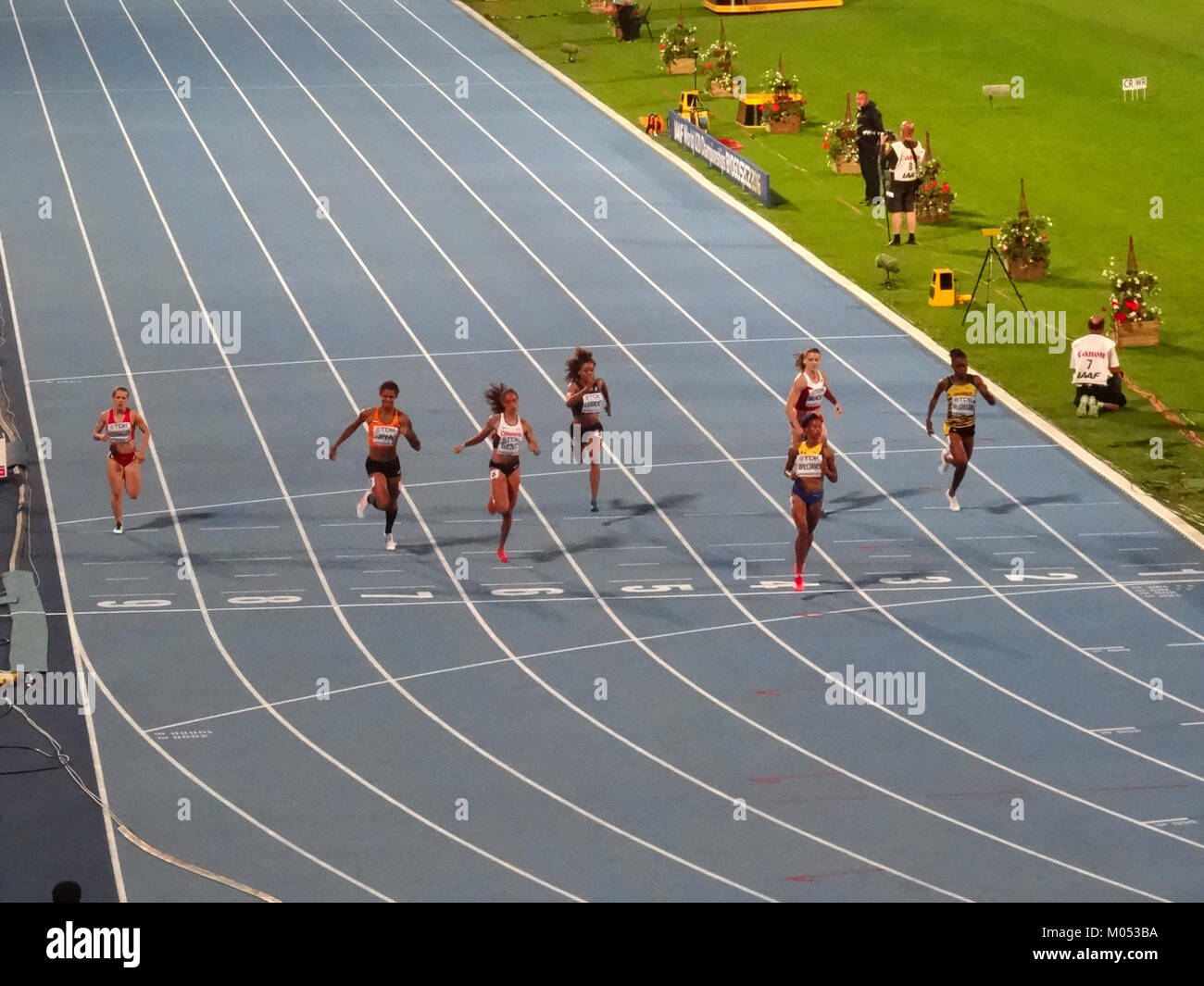 This image depicts the 200m women's semi-final race at the 2016 IAAF World U20 Championships held in Bydgoszcz, Poland, on July 22, 2016, showcasing the athletes' competitive performance. Stock Photo