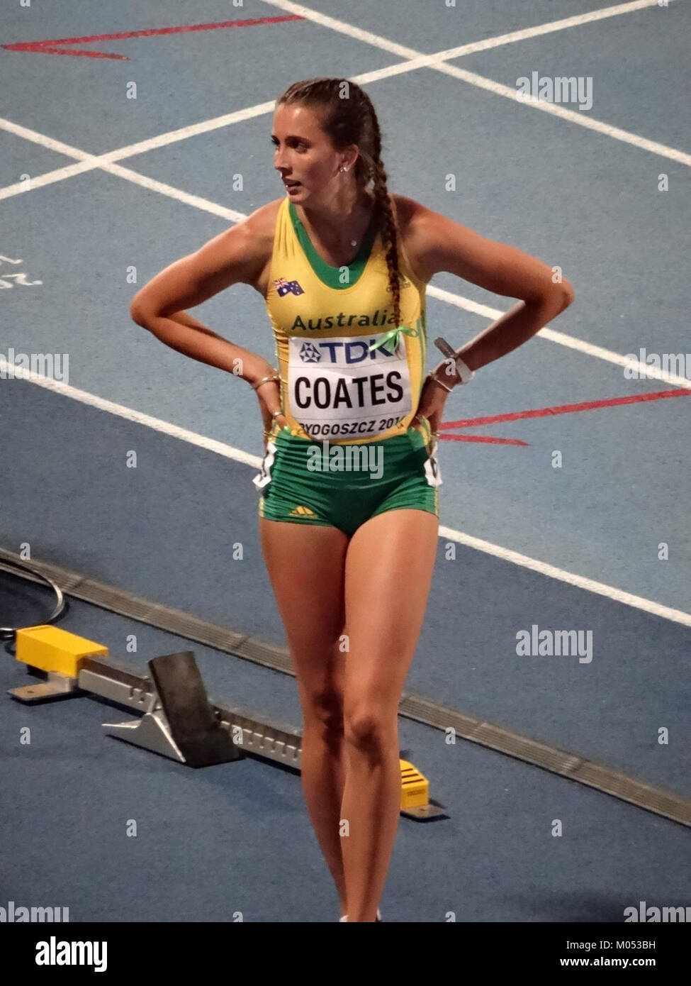 This image from the 2016 IAAF World U20 Championships in Bydgoszcz shows the semi-final of the womenâ€™s 200m event, capturing the athletic competition at an international track and field meet. Stock Photo