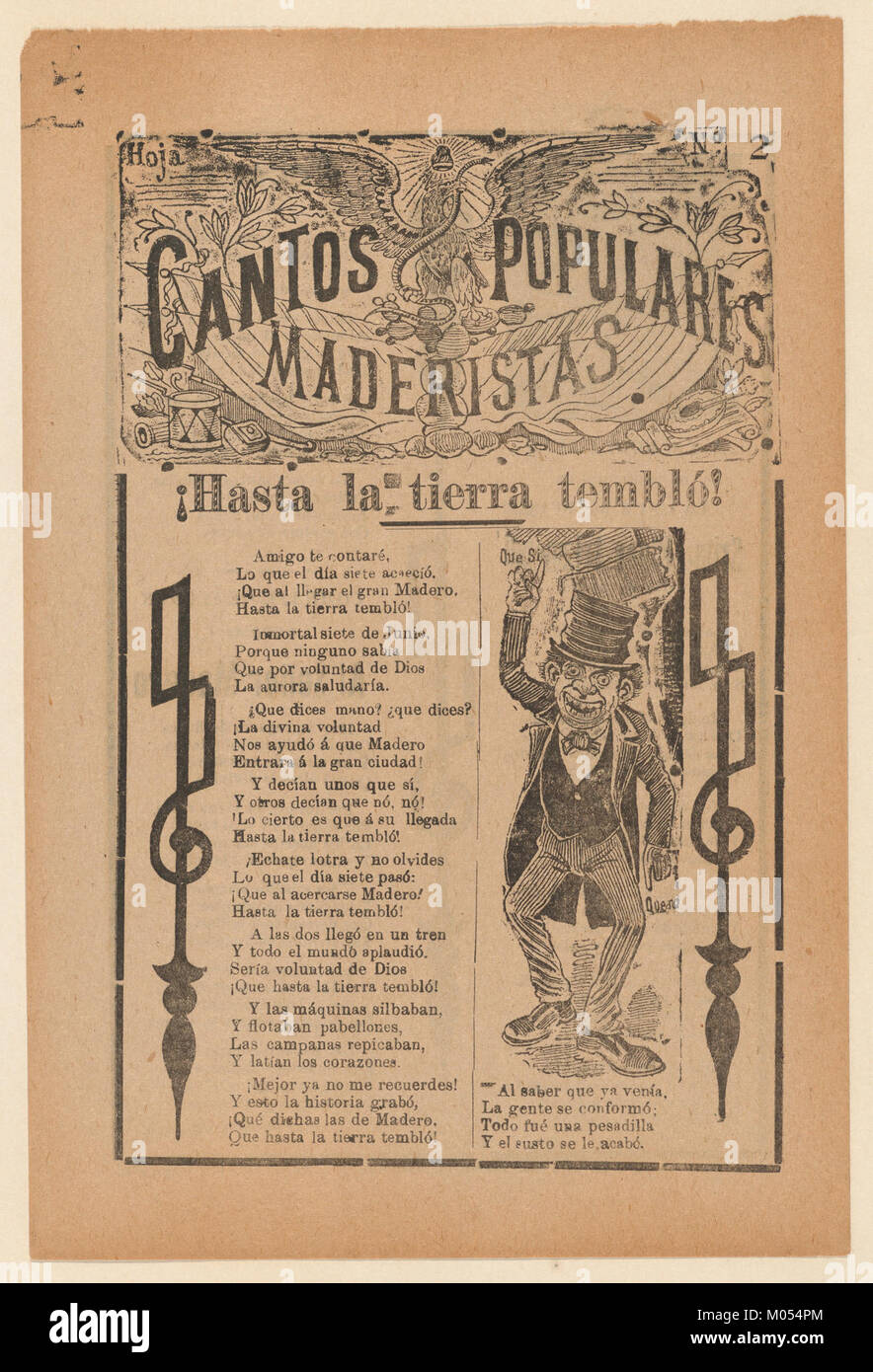 Broadsheet celebrating one of the founders of the Mexican Revolution, Francisco Madero, shown in a suit and top hat pointing to the phrases 'Que Si' and 'Que No' MET DP868526 Stock Photo