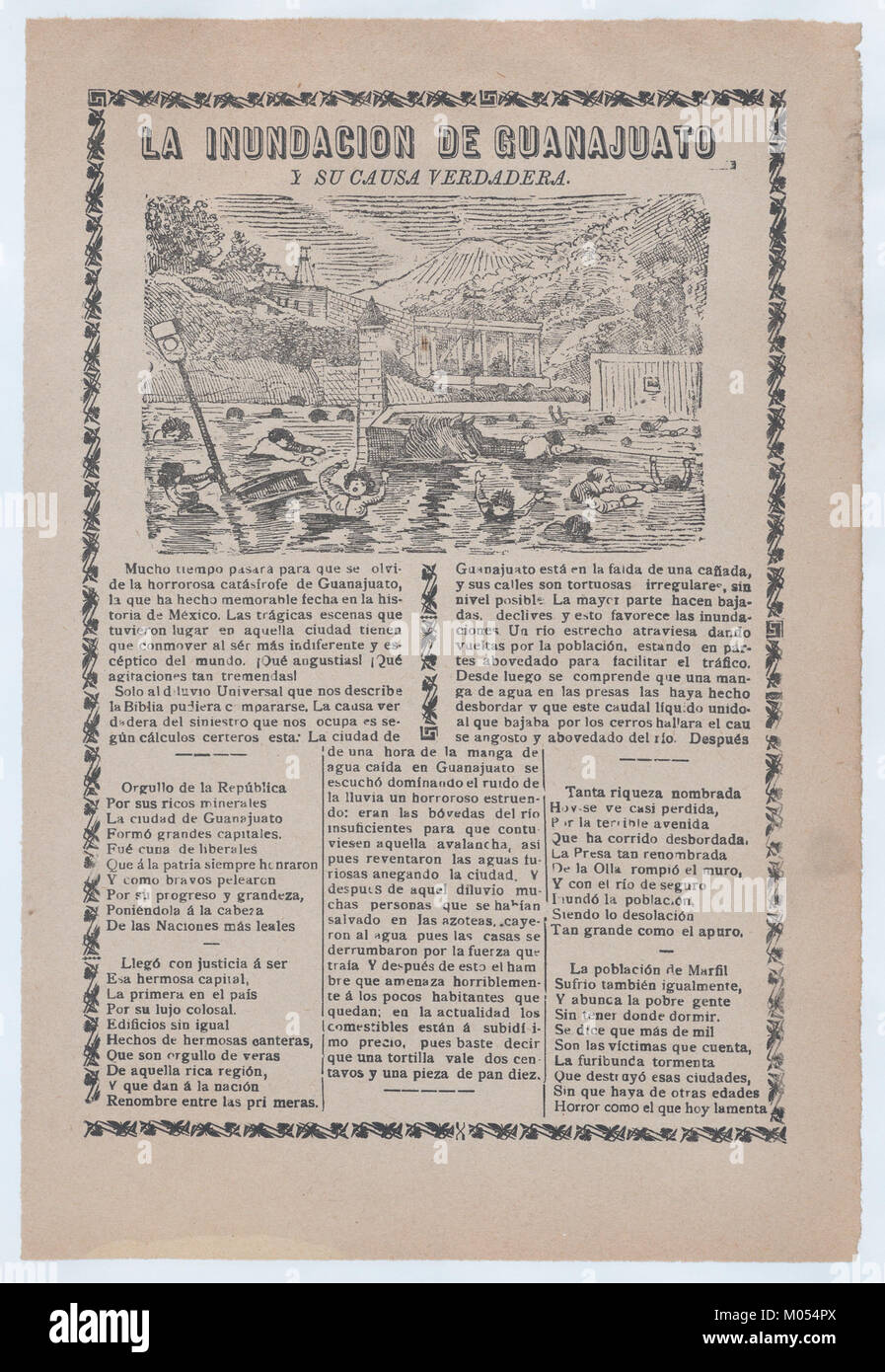Broadsheet relating to a news story about the cause of a flood in Guanajuato, townspeople drowning MET DP868509 Stock Photo