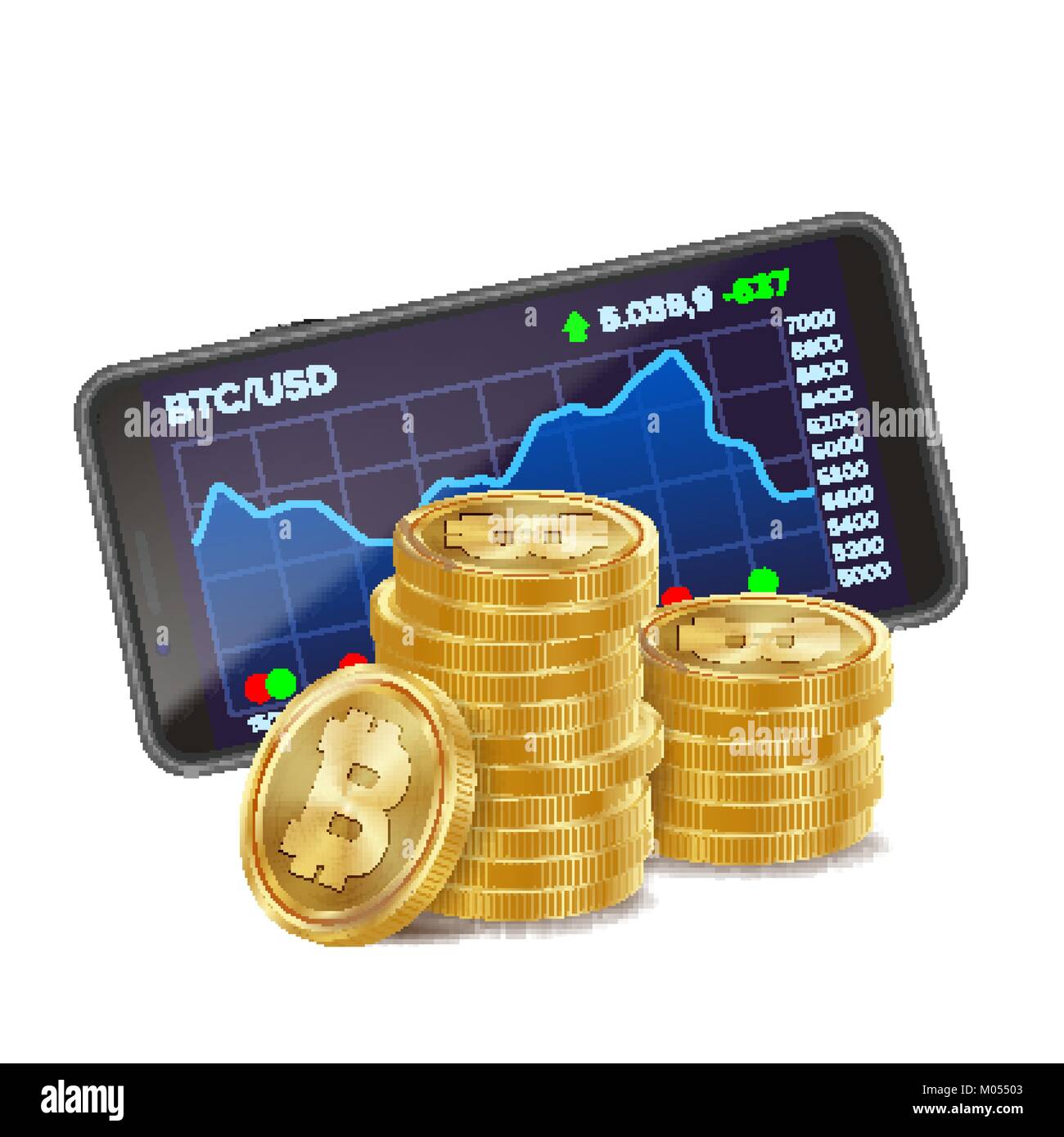Smartphone And Bitcoin Coins Vector. Digital Money. Cryptocurrency  Investment Concept. Realistic 3D Gold Coins. Isolated On White Illustration  Stock Vector Image & Art - Alamy
