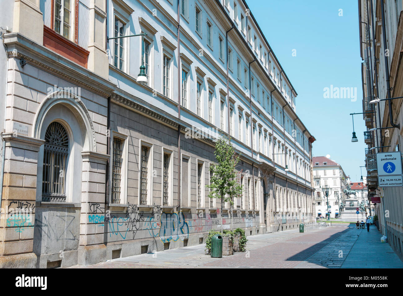 Turin, Italy: Palazzo Campana, university of Maths and science, and historical palaces in the city center, interiors and external view, in a sunny day Stock Photo