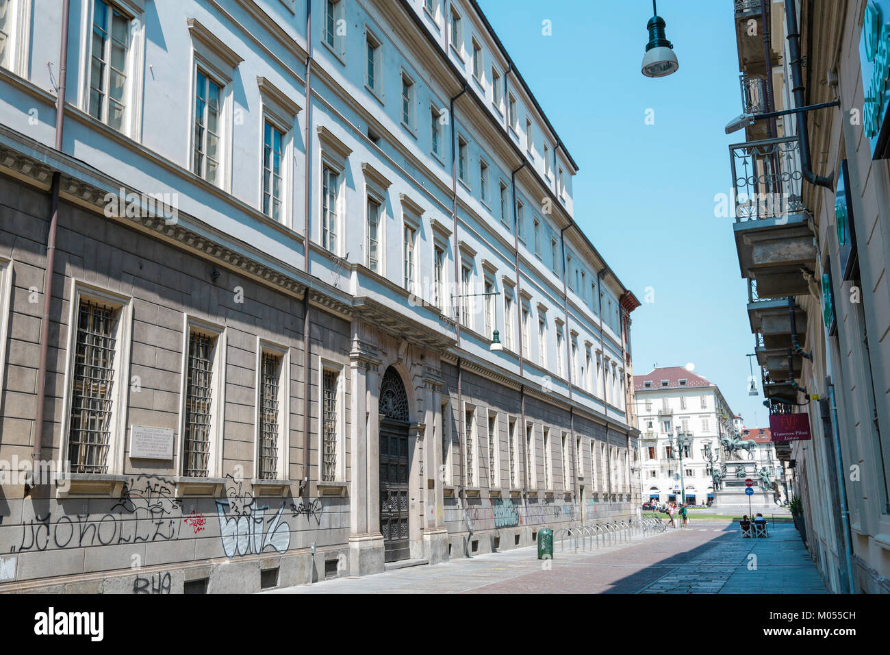 Turin, Italy: Palazzo Campana, university of Maths and science, and historical palaces in the city center, interiors and external view, in a sunny day Stock Photo