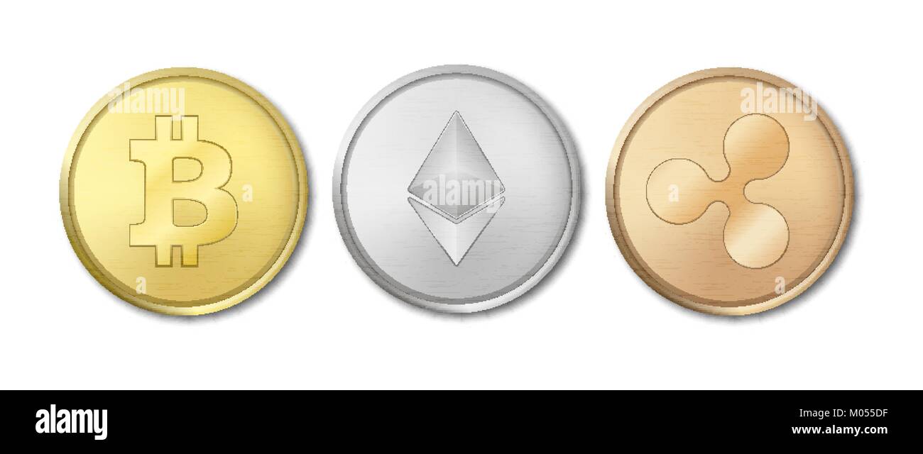 Realistic vector crypto currency coin icon set. Bitcoin, Etherium, Ripple.  Blockchain technology. Closeup isolated on white background. Design  template for graphics. Top view Stock Vector Image & Art - Alamy