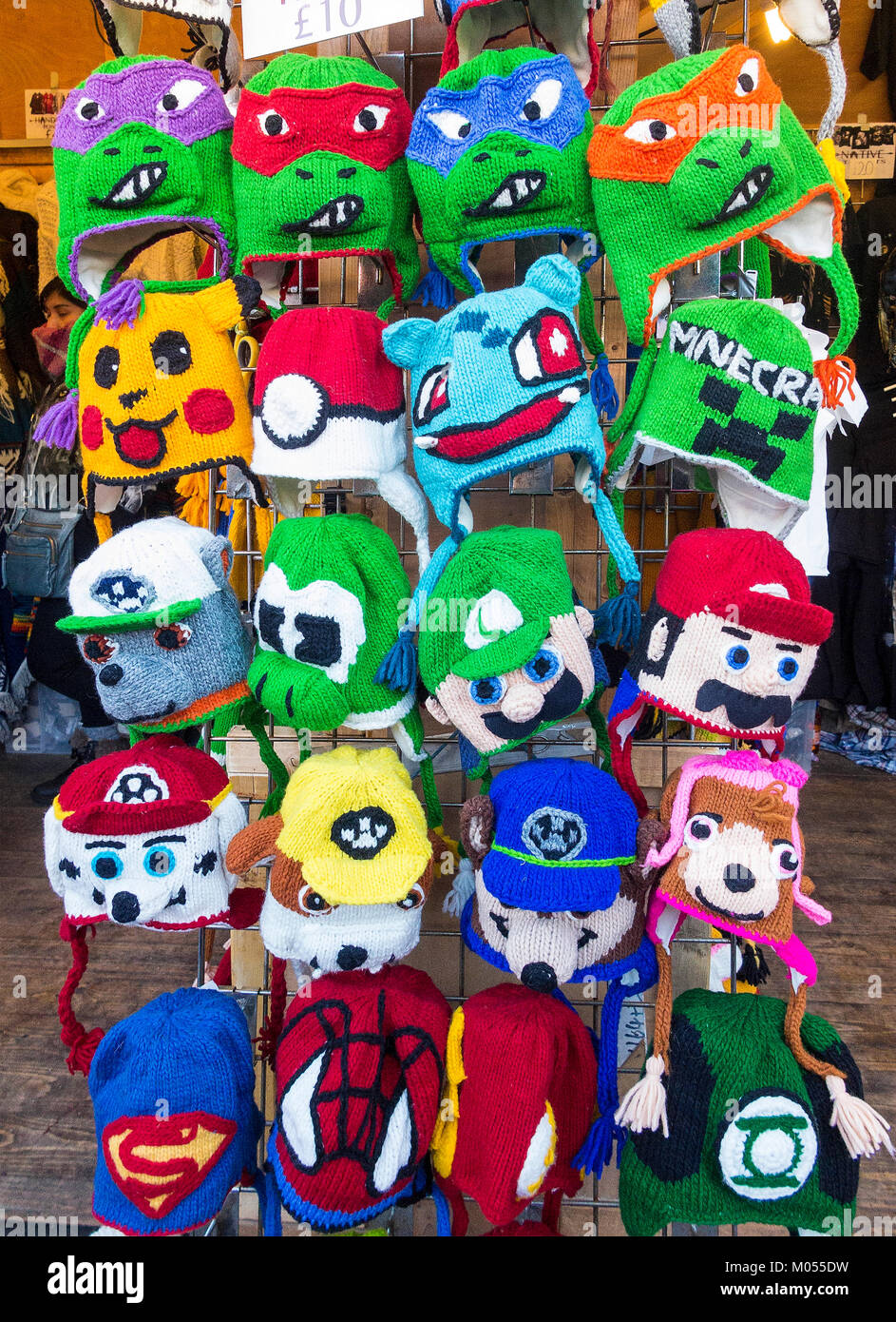 Novelty children's headwear for sale at weekly Teguise Market, Lanzarote, Canary Islands. Stock Photo
