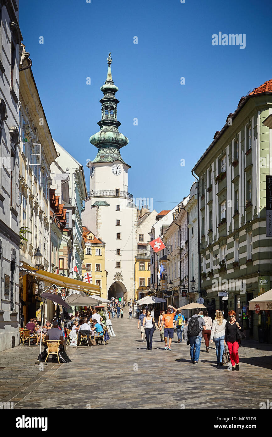 Bratislava, Slovakia. 9th September, 2017. Michalska tower from Michalska street, Bratislava, Slovakia. Stock Photo