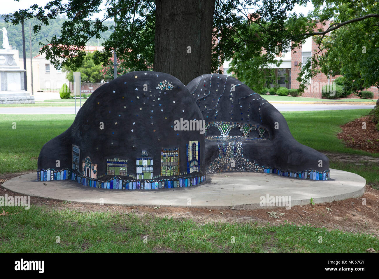 Seats with mosaic of buildings of Gadsden, Alabama Stock Photo