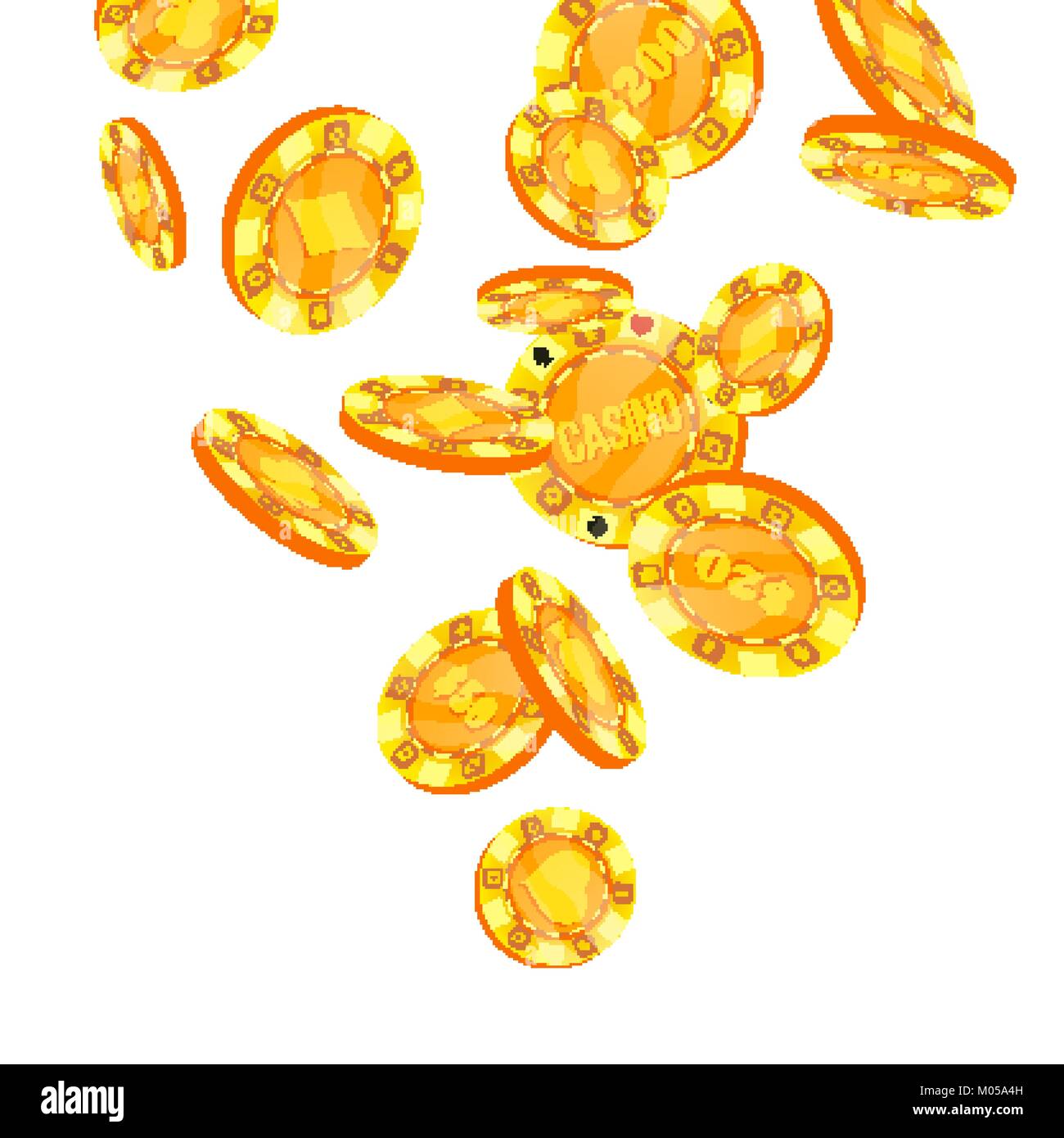 Poker Chips Falling Down Vector. Card Suits, Dollar Sign. Flat, Cartoon