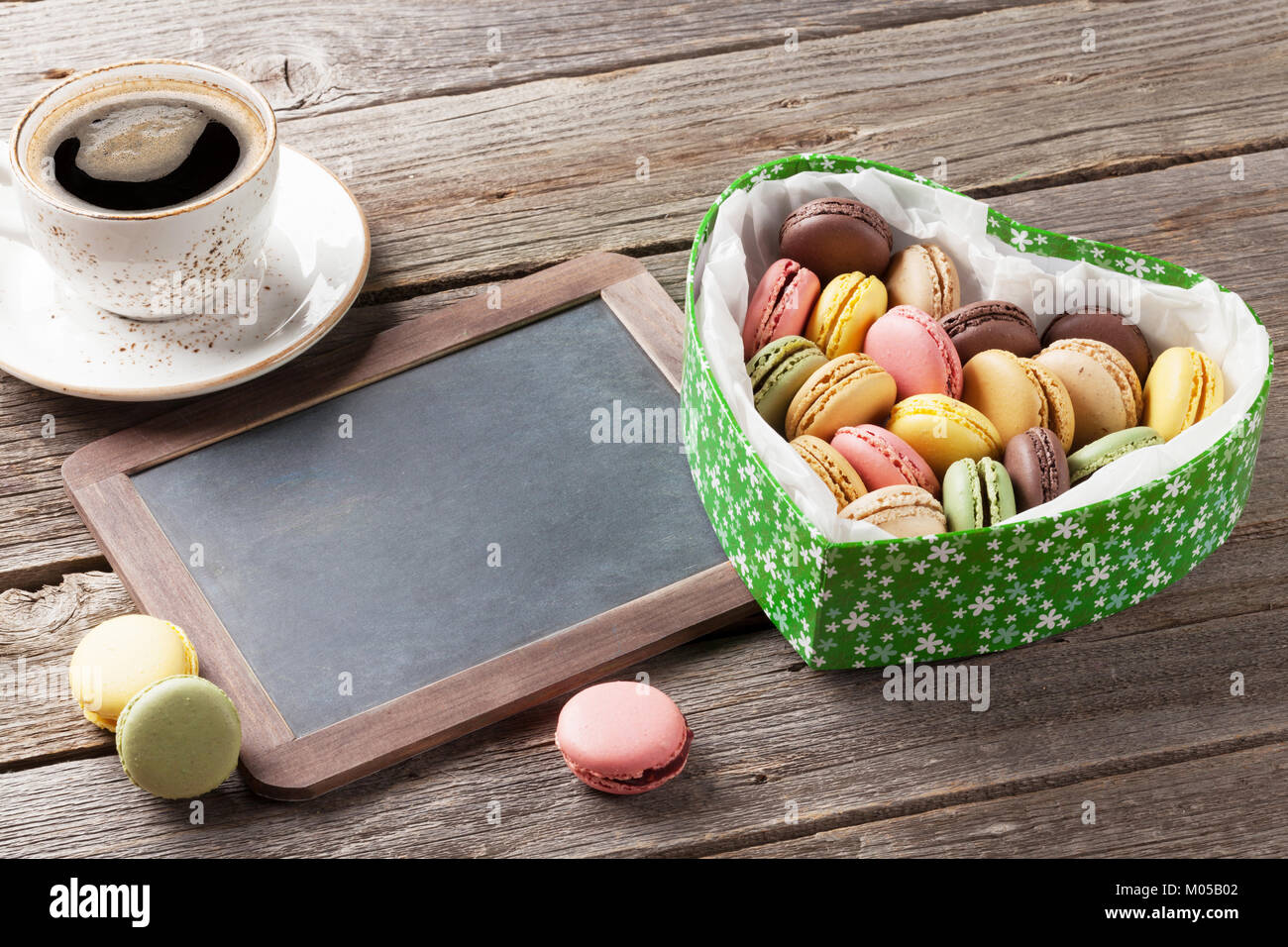 Colorful Macaroons In Valentines Day Heart Shaped Gift Box And Coffee Stock Photo Alamy