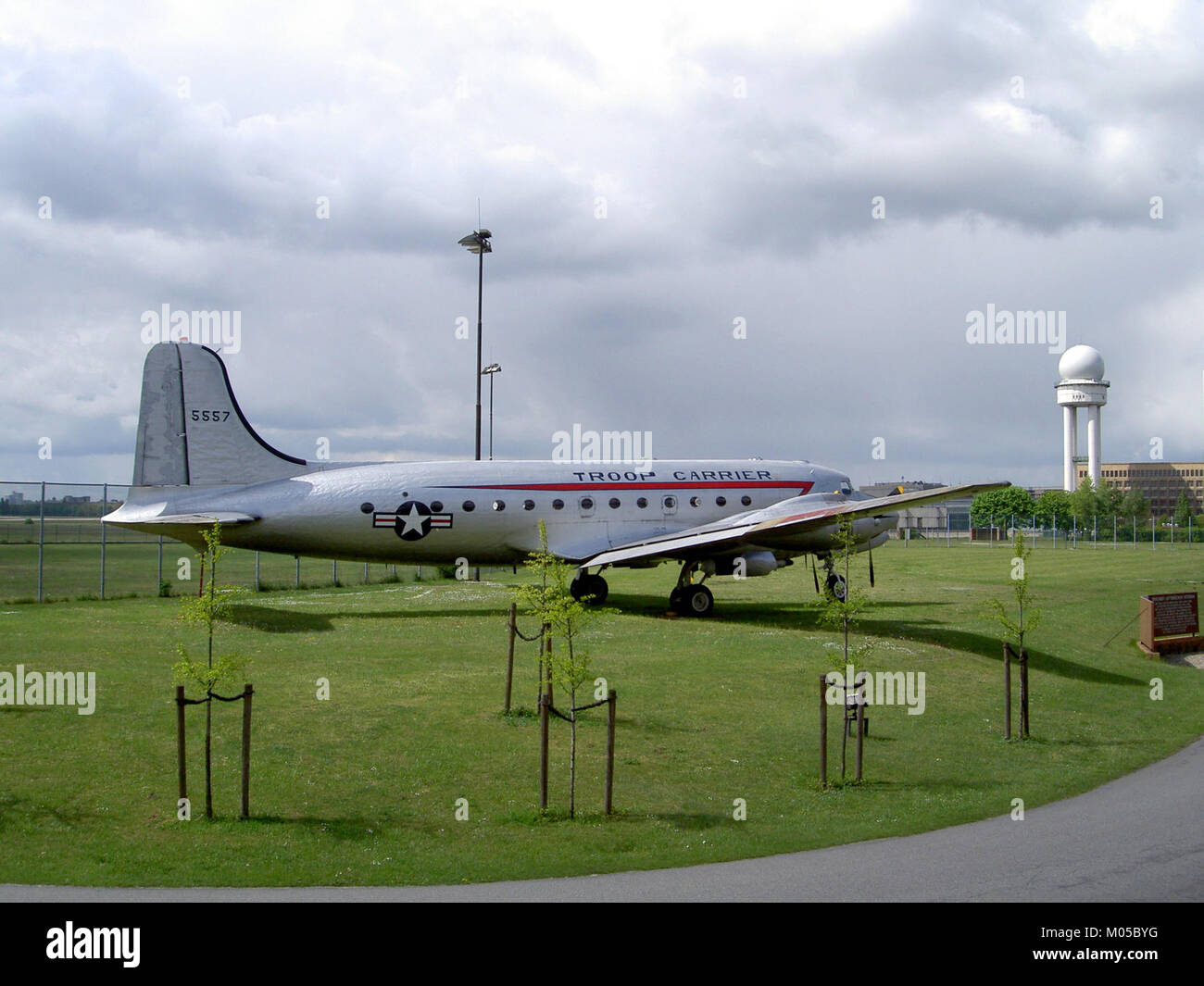 The C-54 Skymaster, a transport aircraft used by the USAF, is shown here at Flughafen Tempelhof in Berlin, Germany. This aircraft was part of the airlift operation during the Berlin Airlift in 1948-1949. Stock Photo