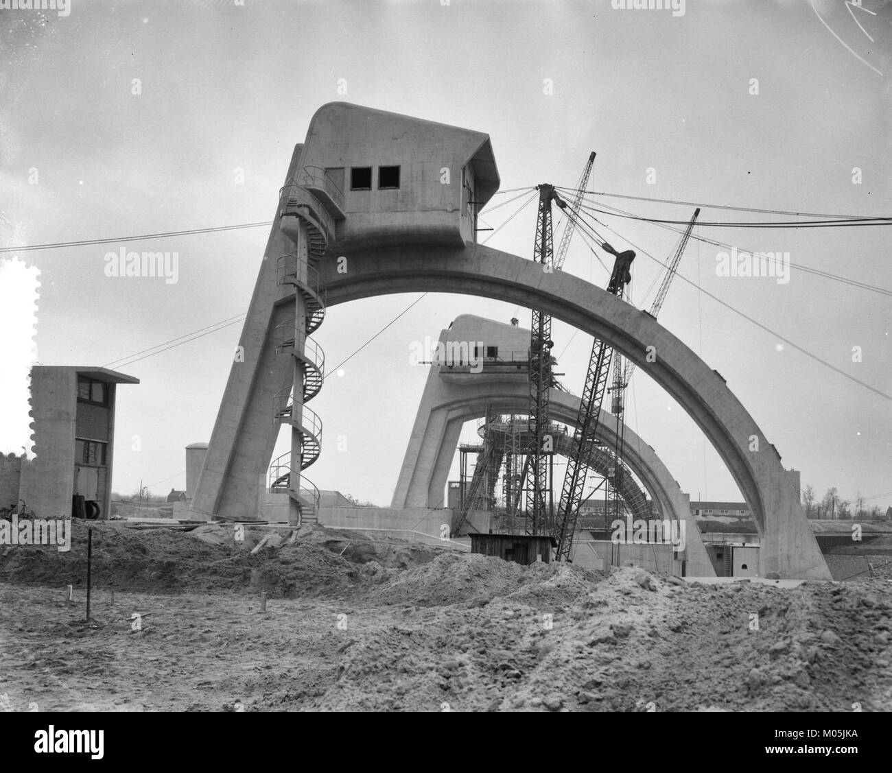 The construction of the Lek-Hagestein dam complex in the Netherlands, part of the nation's water management infrastructure, designed to control the flow of the Lek River and prevent flooding in the surrounding areas. Stock Photo