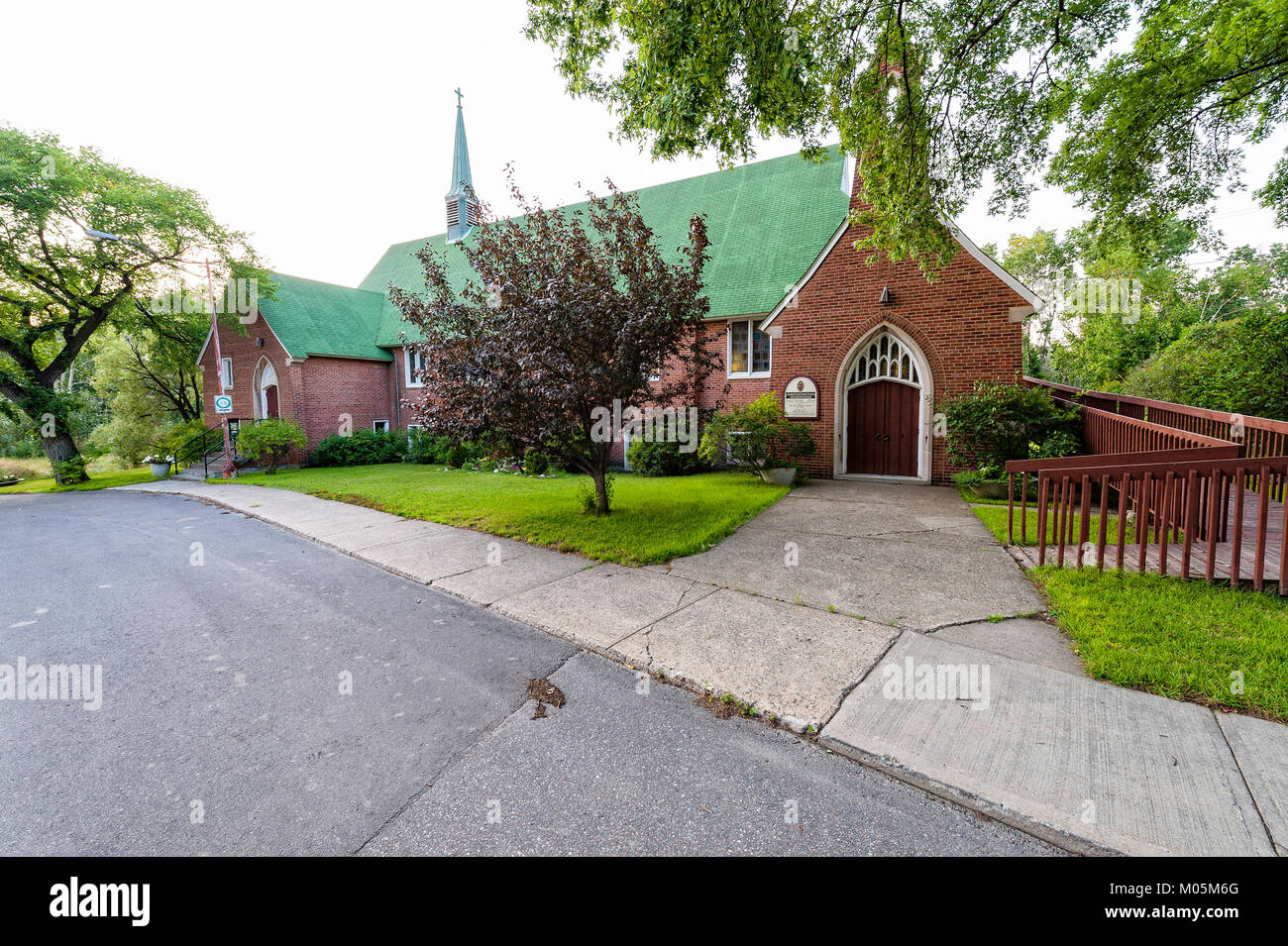 This historic united church is in the town of Copper Cliff, Ontario Stock Photo