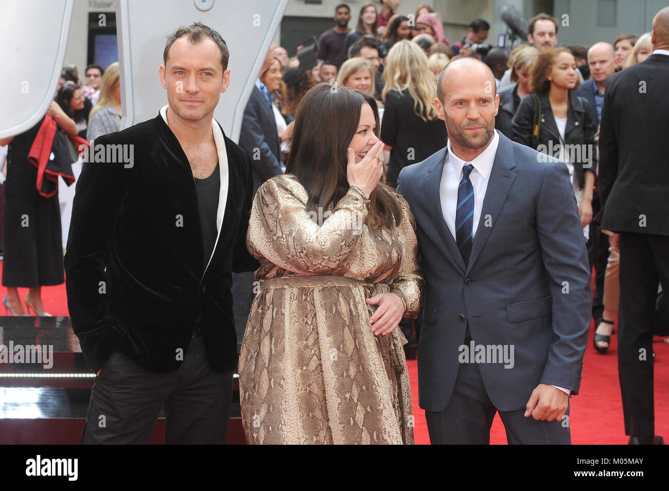 Jason Statham, Jude Law and Melissa McCarthy attend the UK Premiere of Spy at Odeon Leicester Square in London. 27th May 2015 © Paul treadway Stock Photo