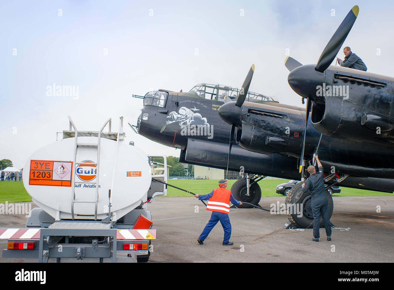 The famous flying Avro Lancaster of the RAF Battle of Britain Memorial Flight being refuelled at Cotswold  airfield in Gloucestershire England UK (Now k Stock Photo