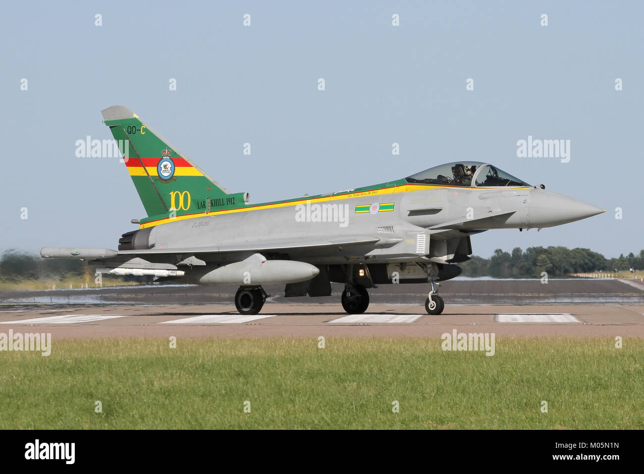 3 Squadrons 100th Anniversary Eurofighter Typhoon FGR4 turning off at the end of the RAF Coningsby runway. Stock Photo