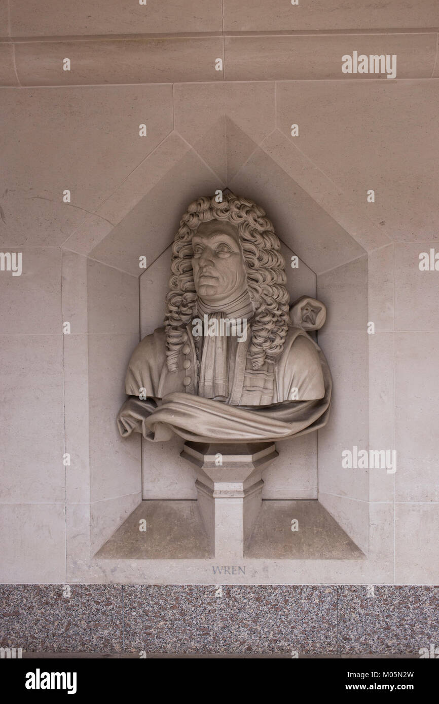 Bust of Sir Christopher Wren, on display outside the Guildhall Art Gallery, central London. Stock Photo