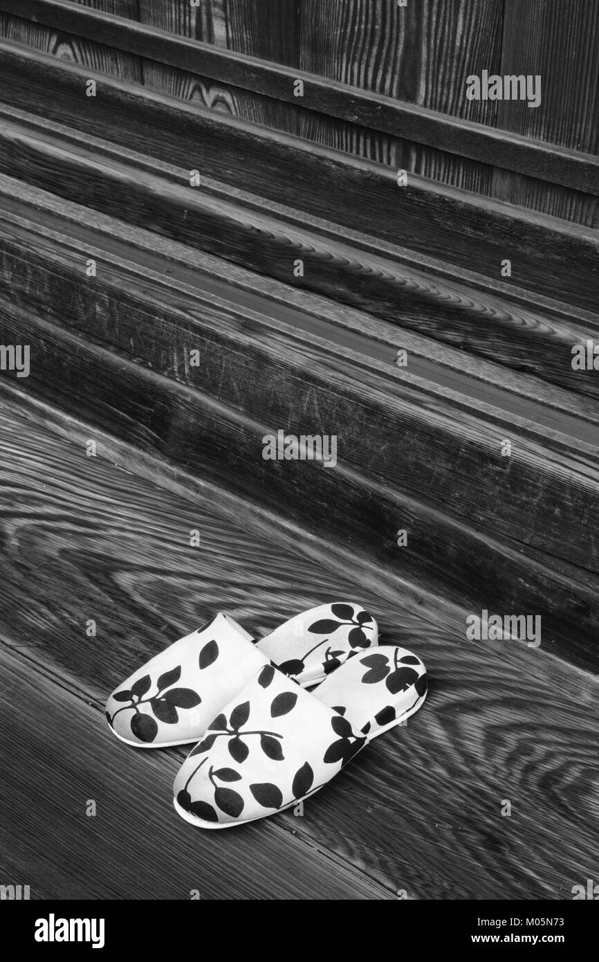 Slippers on a step of a temple at the Konchi-in garden in Kyoto, Japan. Stock Photo