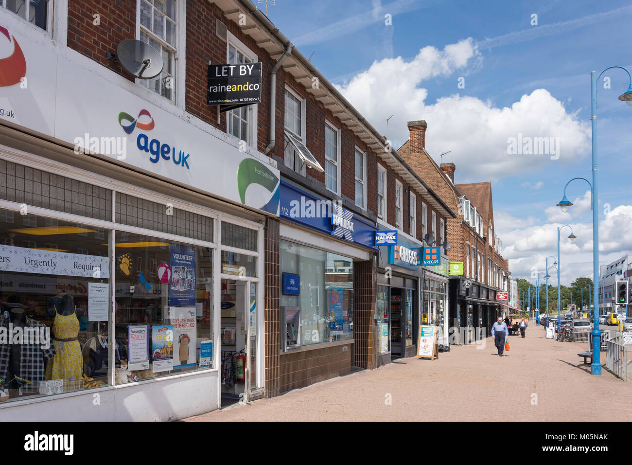 Retail shops and banks on Darkes Lane, Potters Bar, Hertfordshire, England, United Kingdom Stock Photo