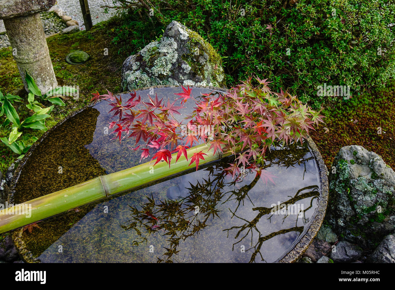 Ancient Stone Water Basin With Autumn Decorations In Japanese