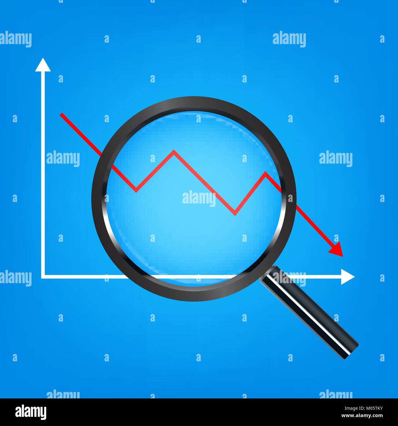 black magnify glass analysis falling stock graph Stock Vector Image