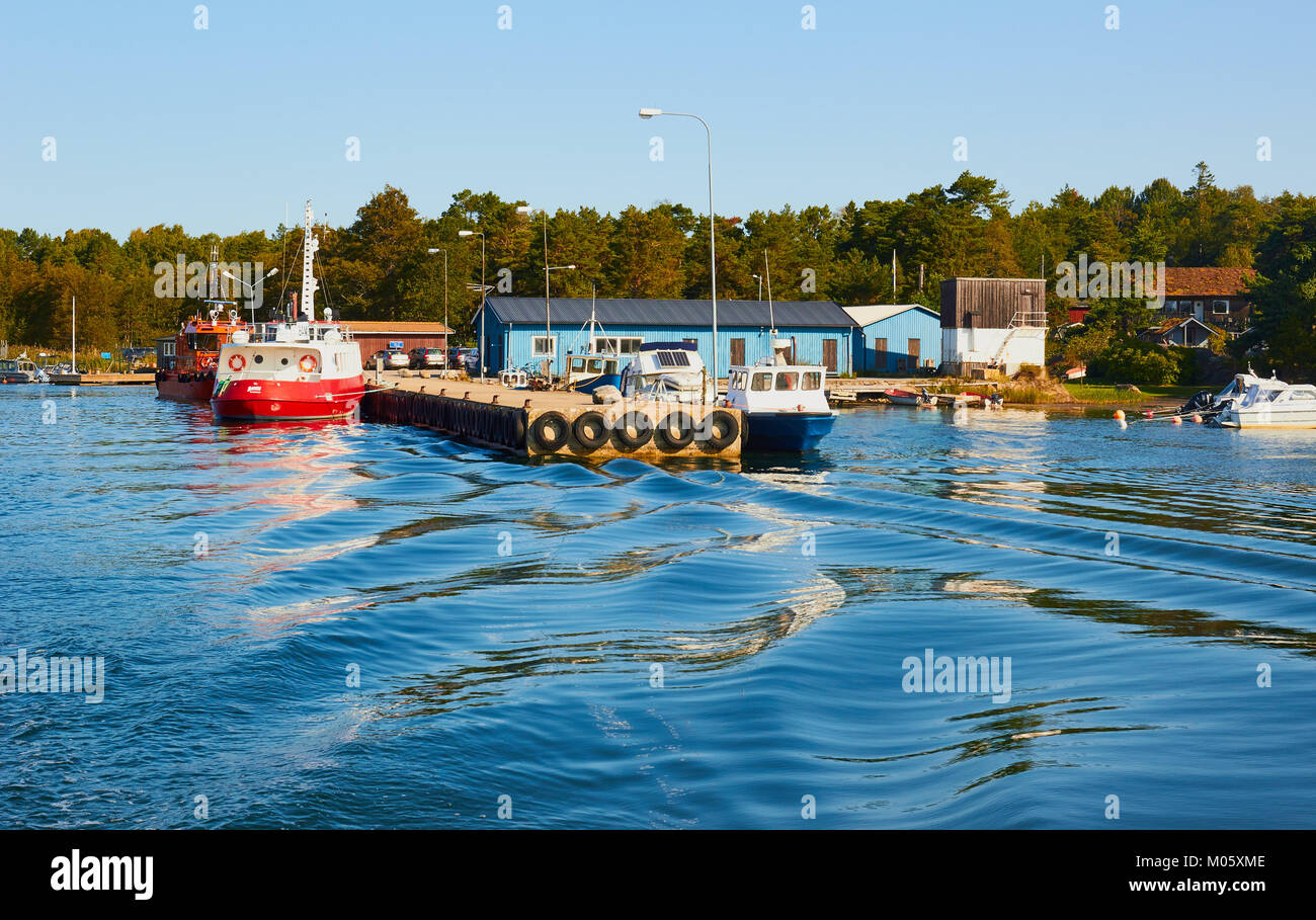 View of Ankarudden from moving ferry, Sodermanland, Sweden, Scandinavia. Stock Photo